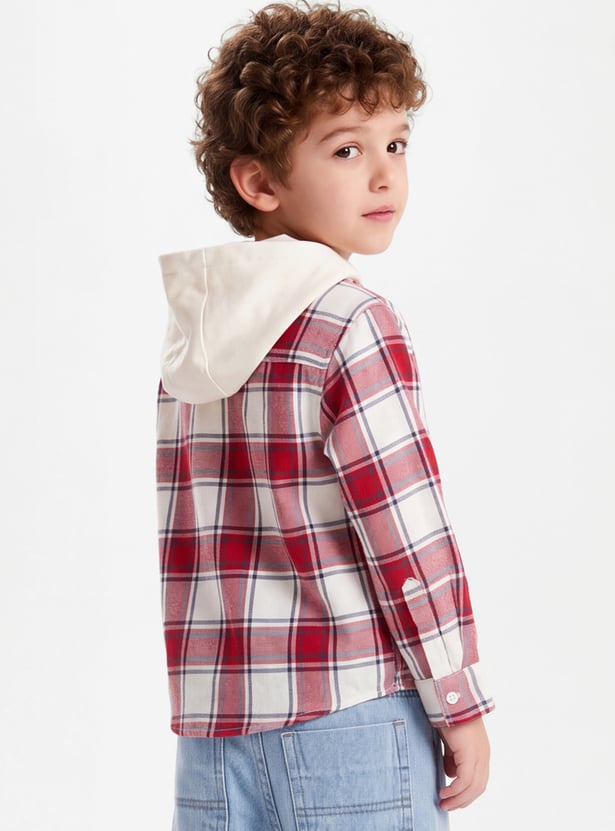Boys Checked Hooded Shirt