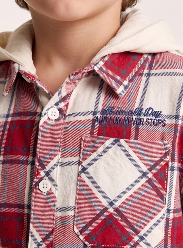 Boys Checked Hooded Shirt