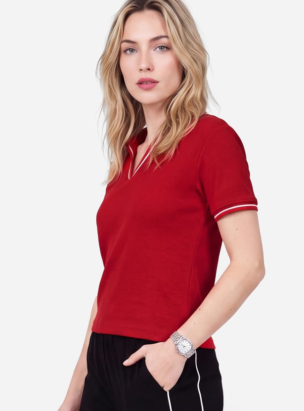 Women Johnny Collar Sporty T-shirt