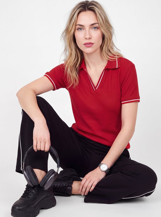 Women Johnny Collar Sporty T-shirt