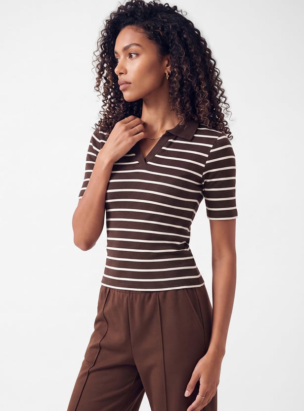 Women Striped Sport Polo T-shirt