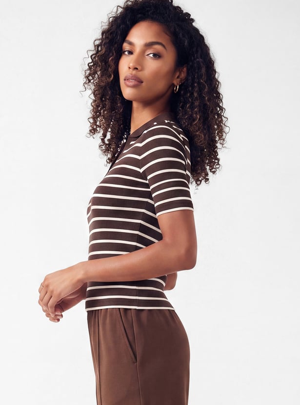 Women Striped Sport Polo T-shirt