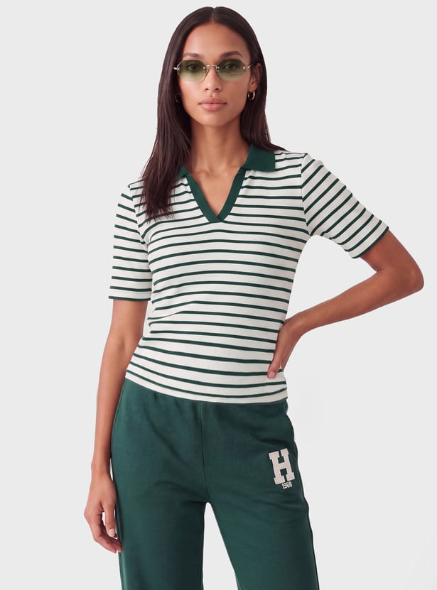 Women Striped Sport Polo T-shirt