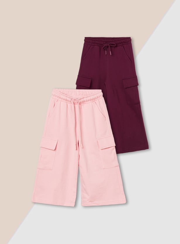 Girls Solid Cargo Track Pants - Pack of 2