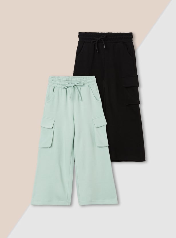 Girls Solid Cargo Track Pants - Pack of 2