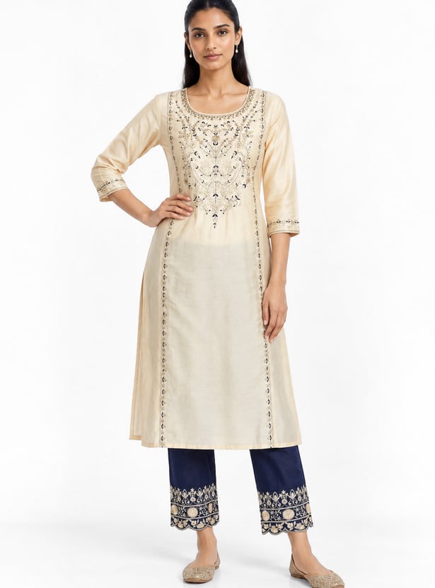 Women Embroidered Straight Kurta Set