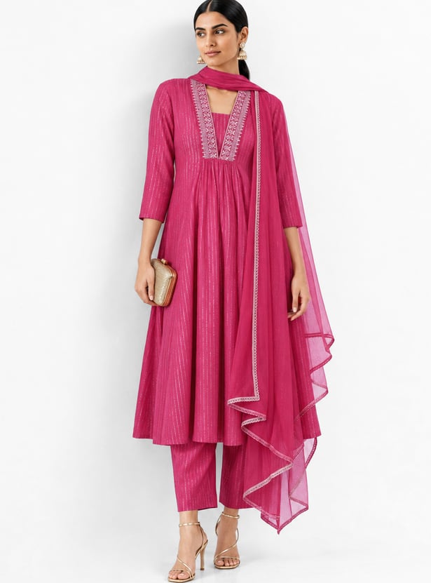 Women Embroidered Anarkali Kurta Set with Dupatta