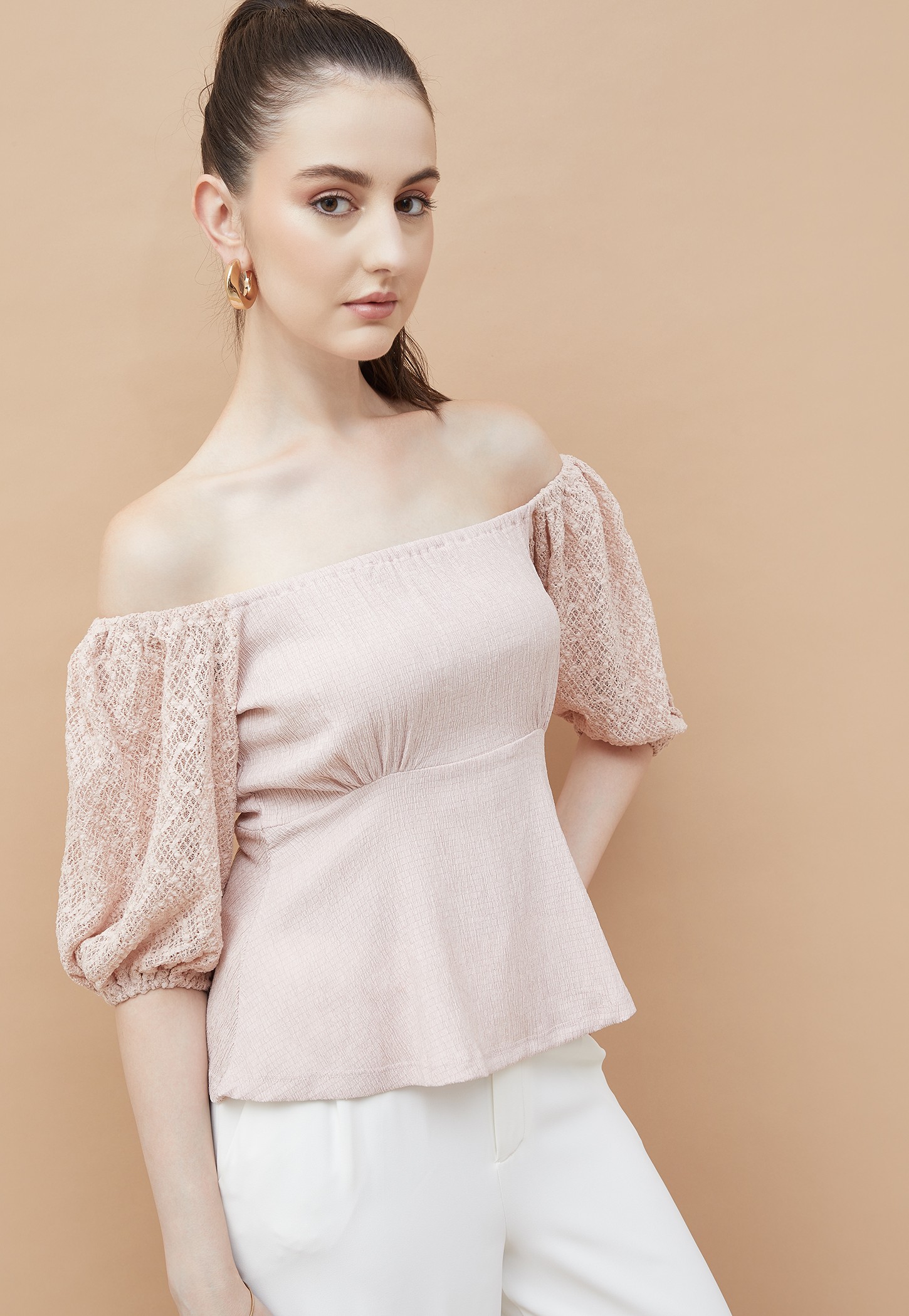 CODE Smocked Off-Shoulder Peplum Top-picture-56
