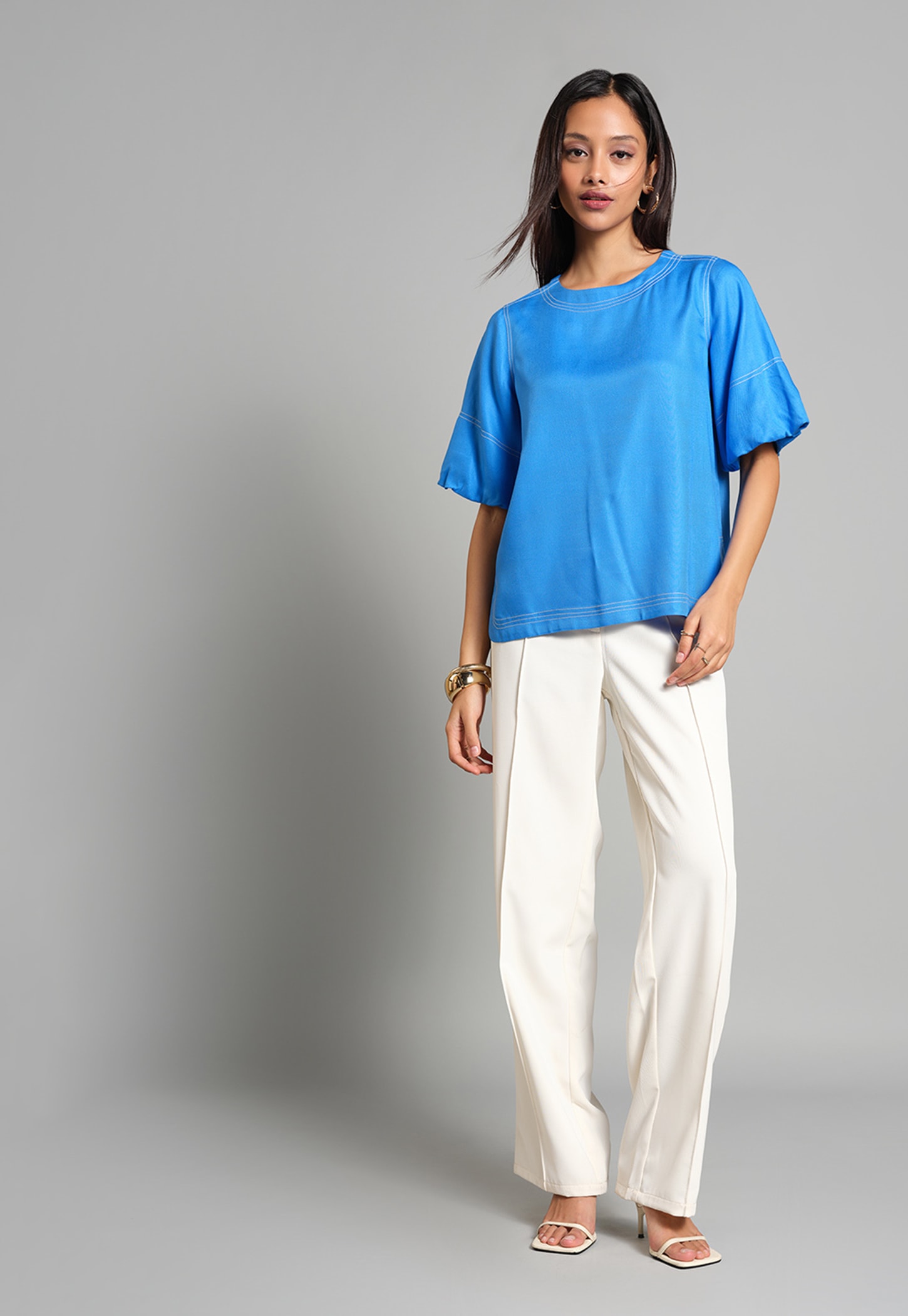 AND Contrast Stitch Puffed Sleeves Top-picture-29