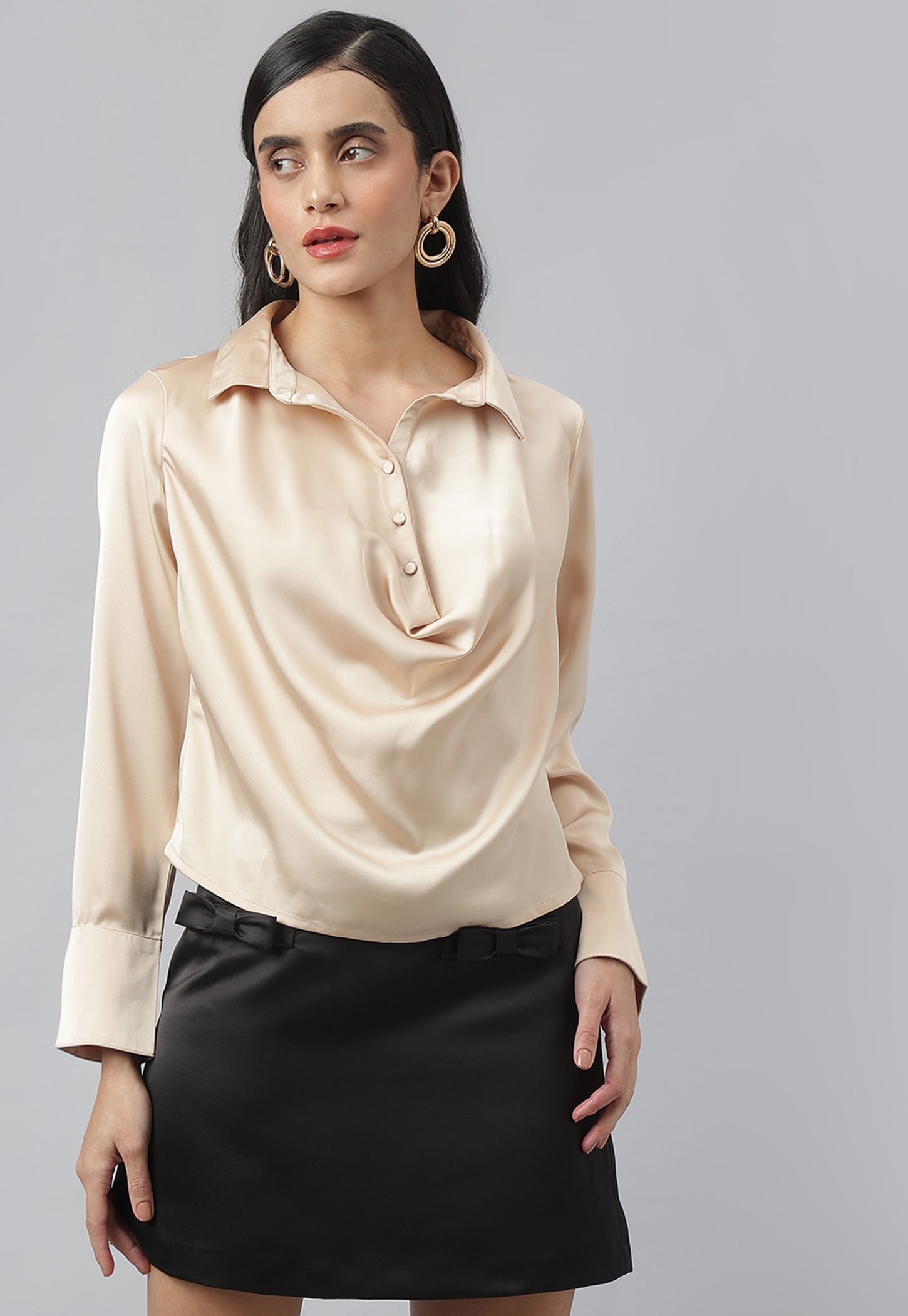 LATIN QUARTERS Solid Spread Collar Shirt Style Top-picture-49