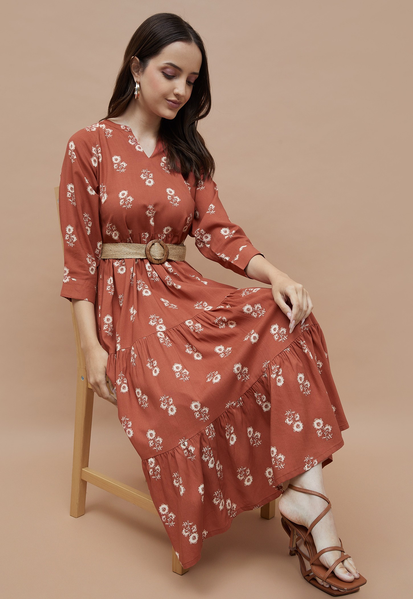COLOUR ME Floral Print Tiered Dress with Belt-picture-12