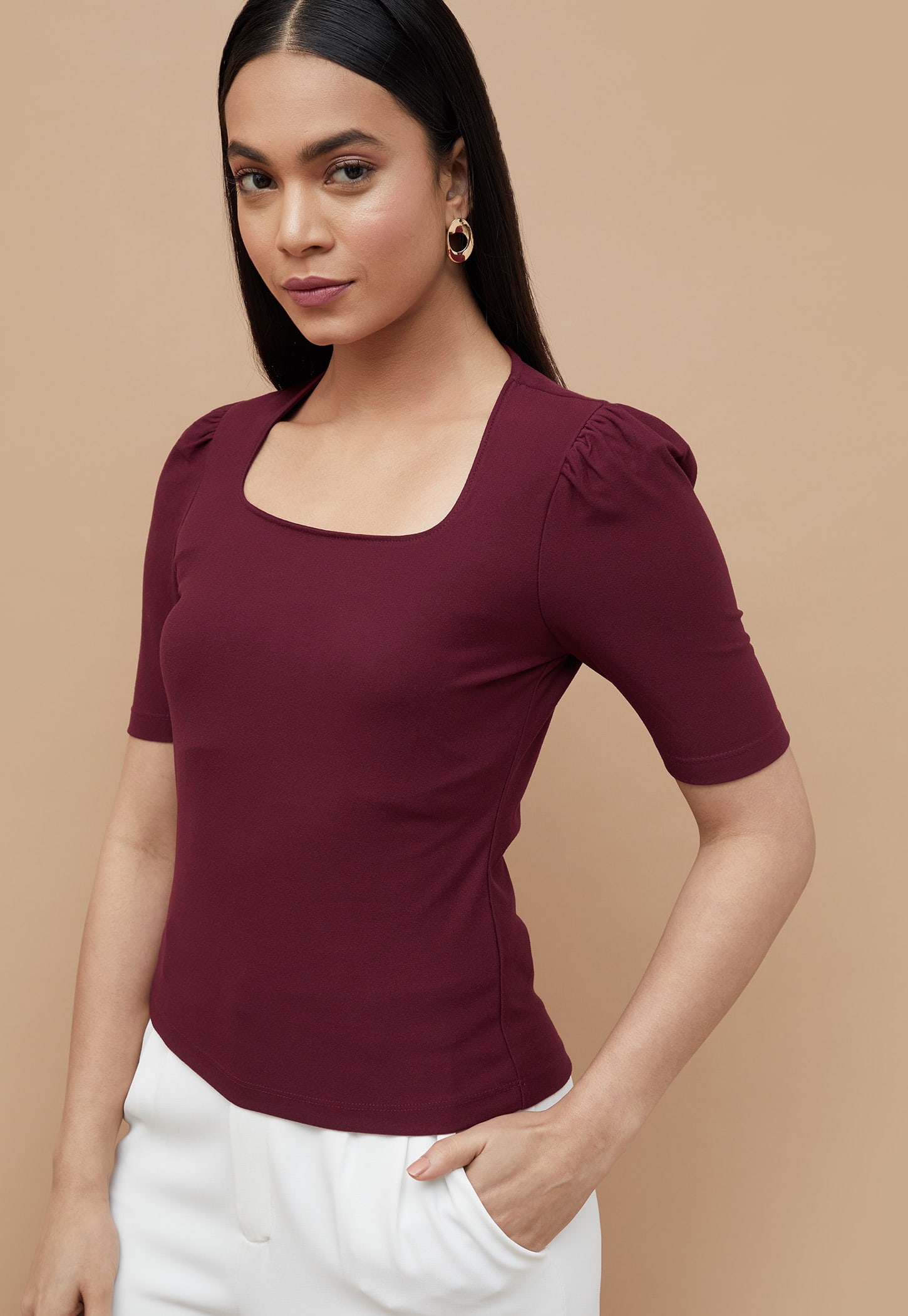 CODE Solid Puffed Sleeve T-shirt-picture-40