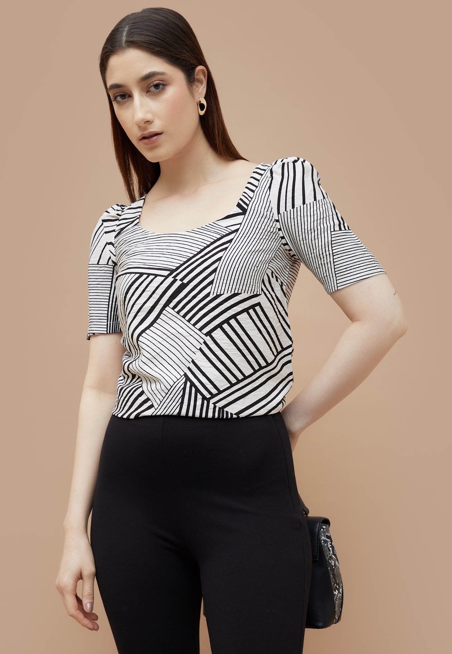 CODE Mixed Stripe Puff Sleeve Top-picture-36