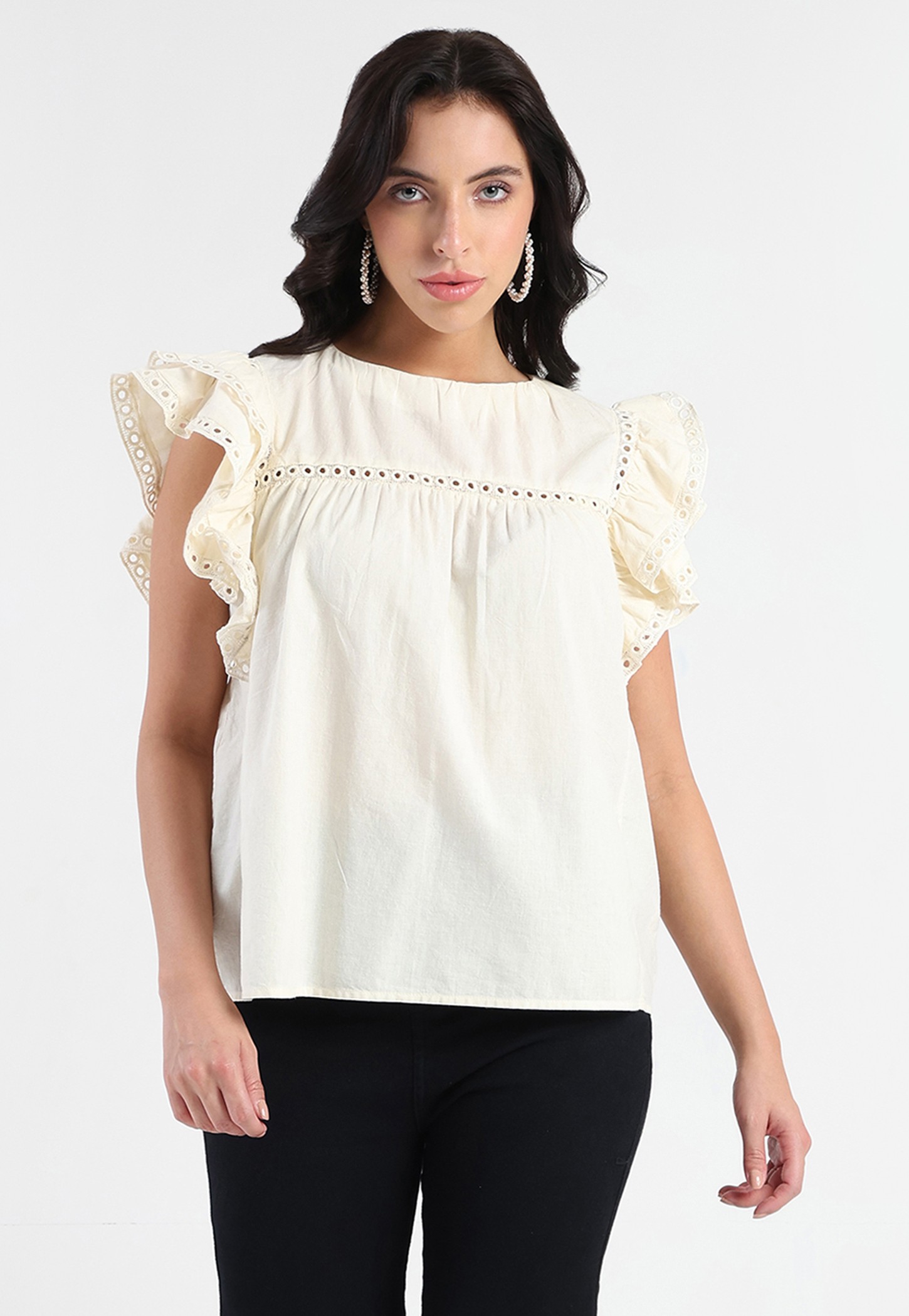 MADAME Embroidered Eyelets Flutter Sleeve Top-picture-40