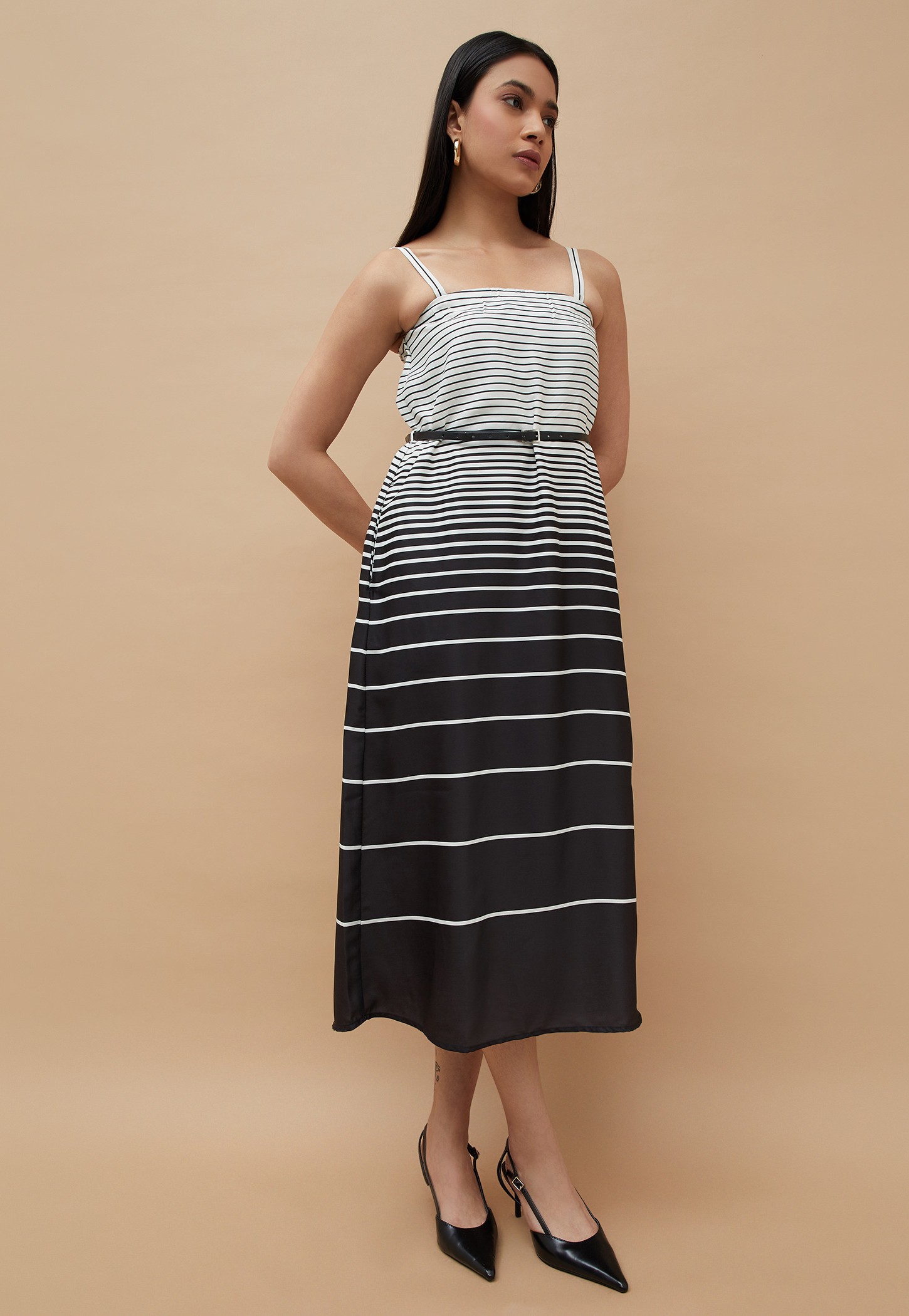 CODE Striped A-line Dress with Belt-picture-49