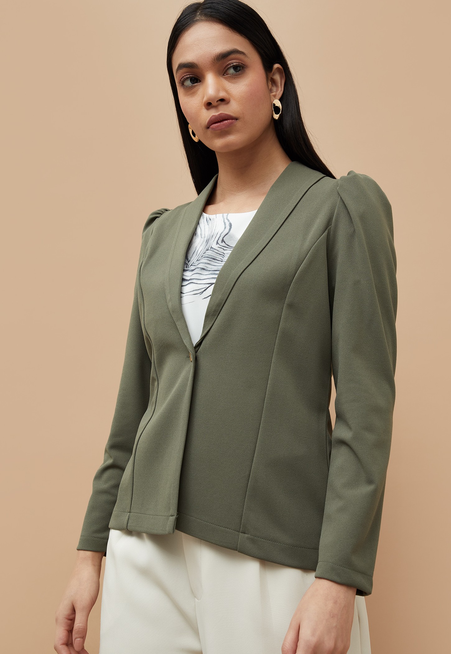 CODE Solid Puffed Sleeve Blazer-image-14