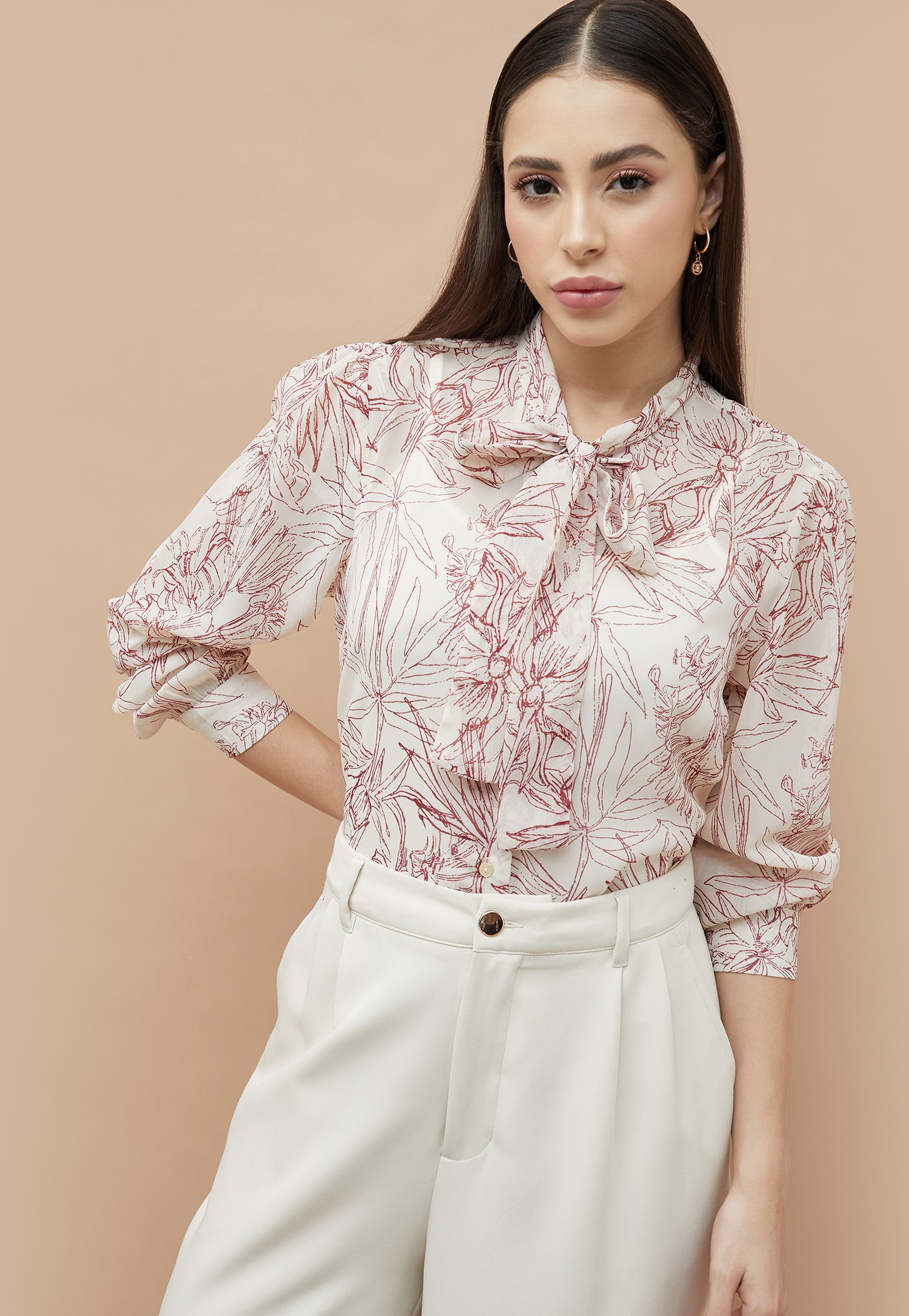 CODE Floral Print Tie-Up Neck Top with Camisole-picture-32