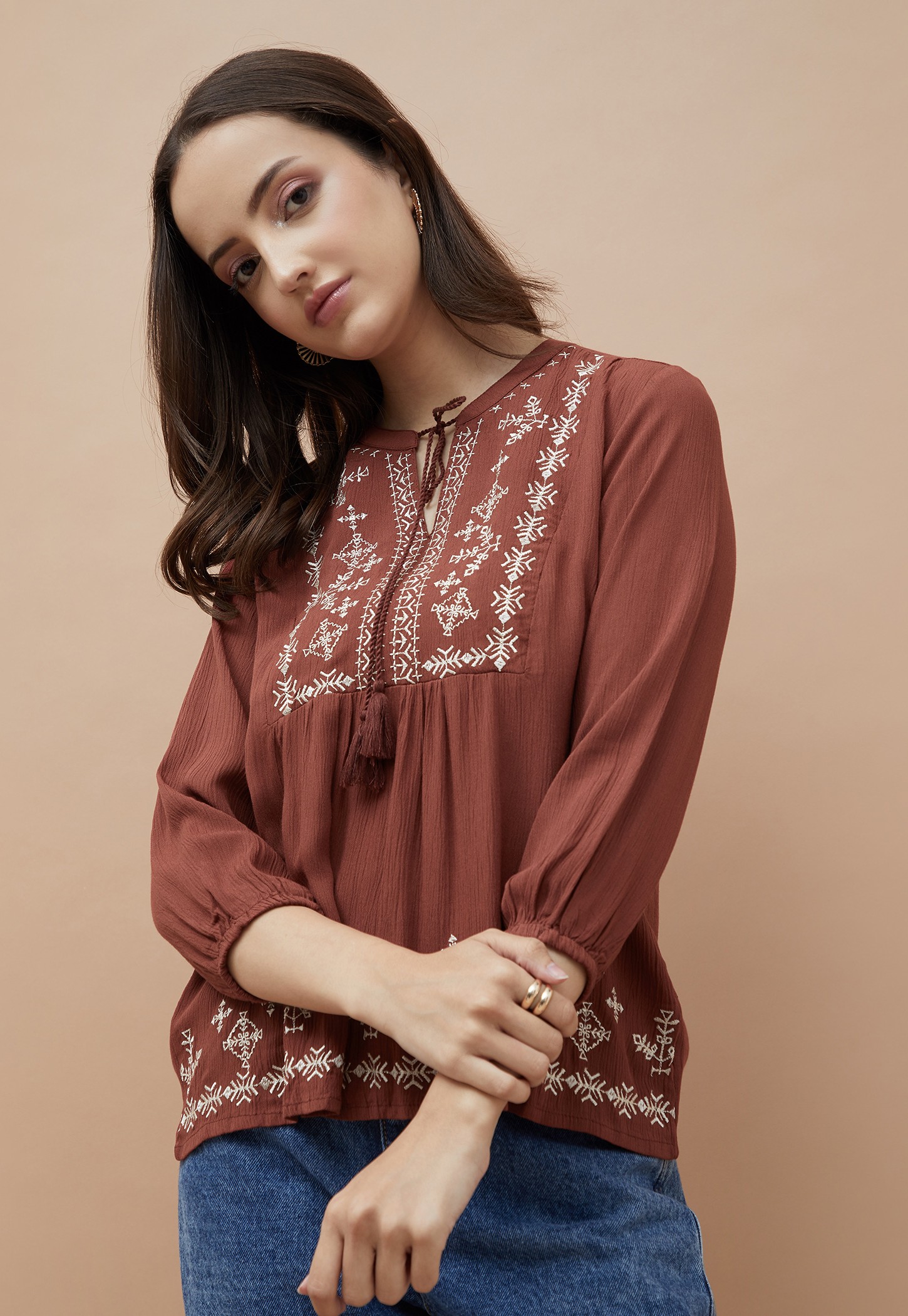 FAME FOREVER Embroidered Tie-Up Neck Top-picture-31