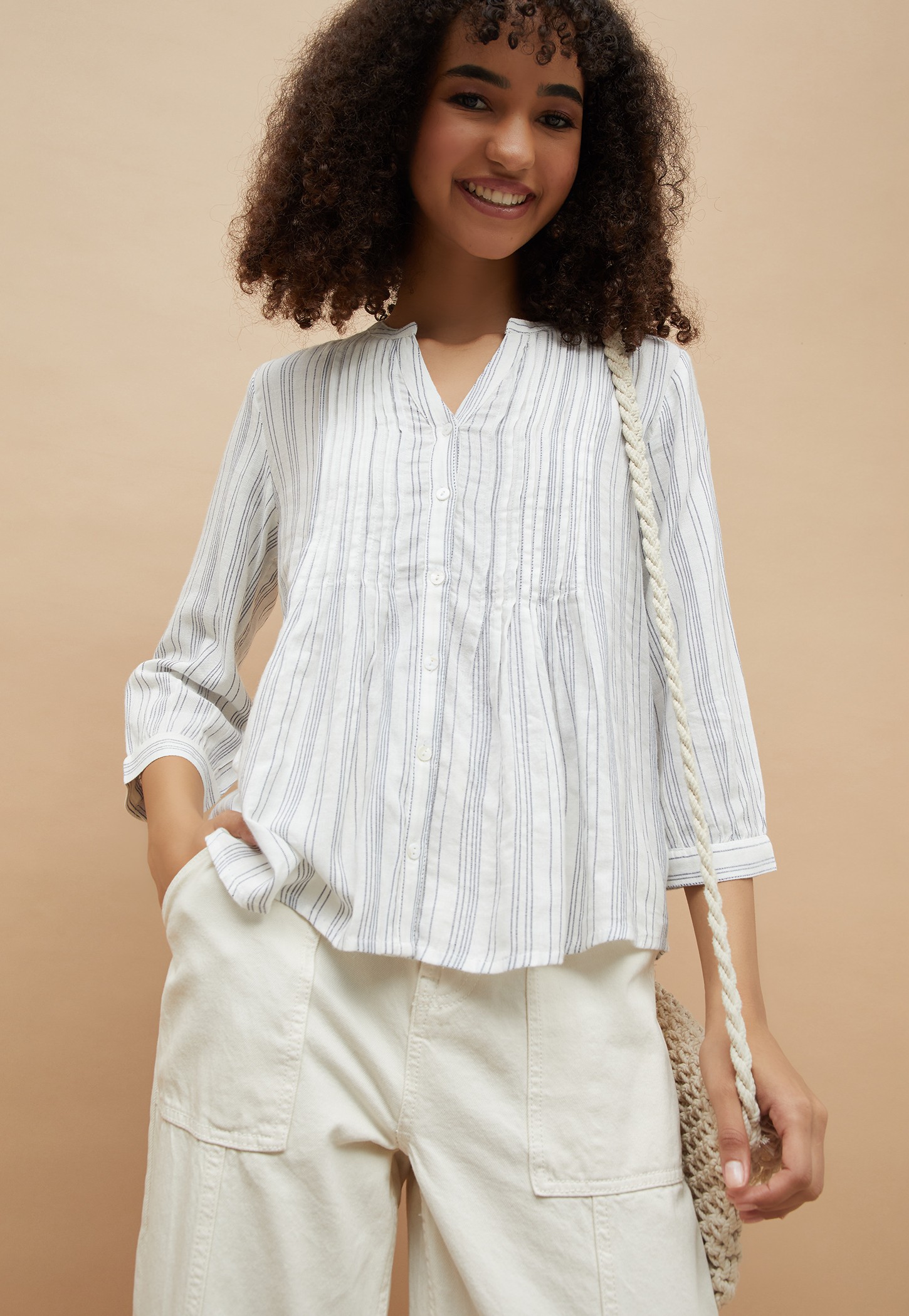 FAME FOREVER Striped Band Collar Top-image-29