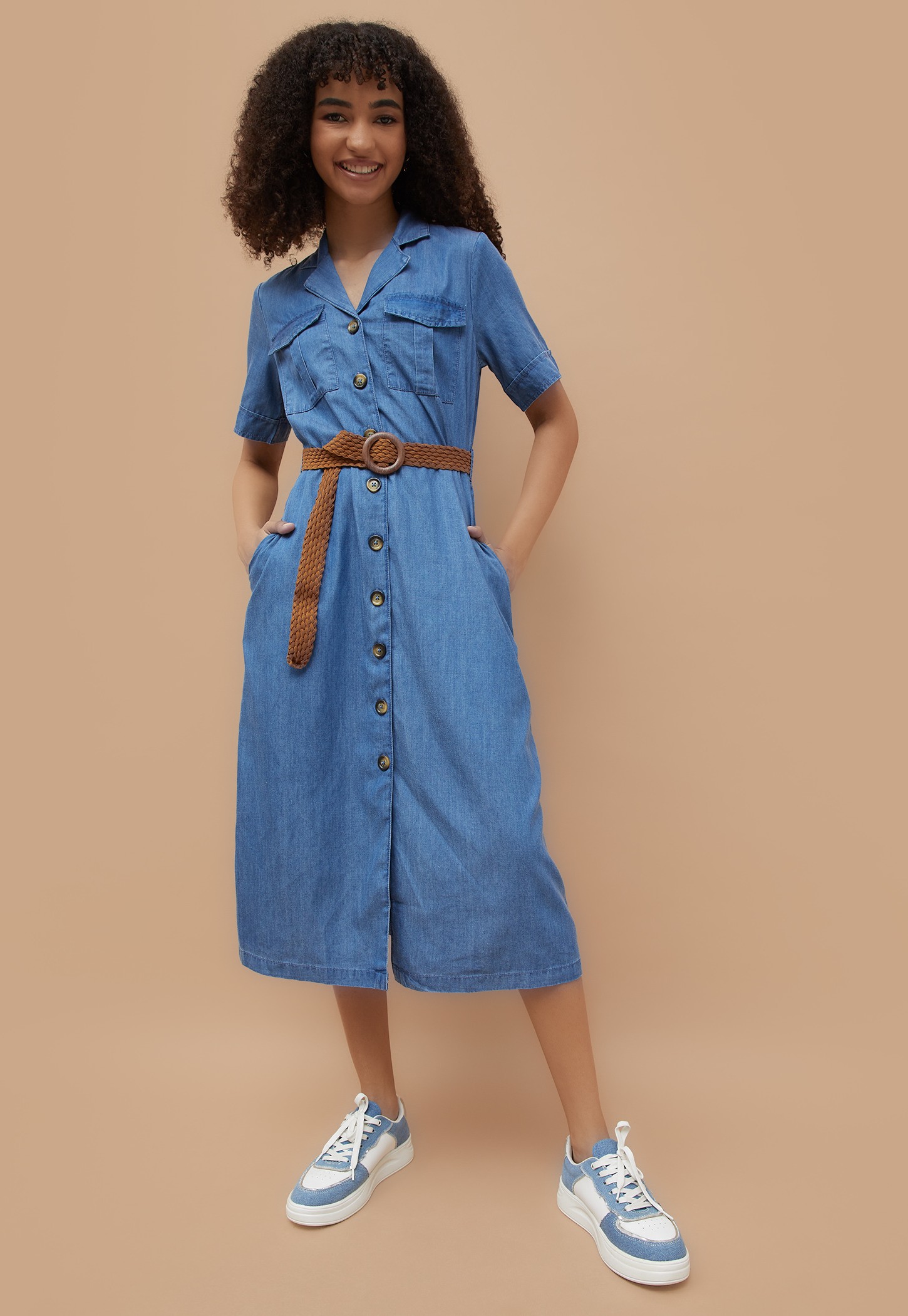 Women Solid Denim Shirt Dress with Belt-picture-23