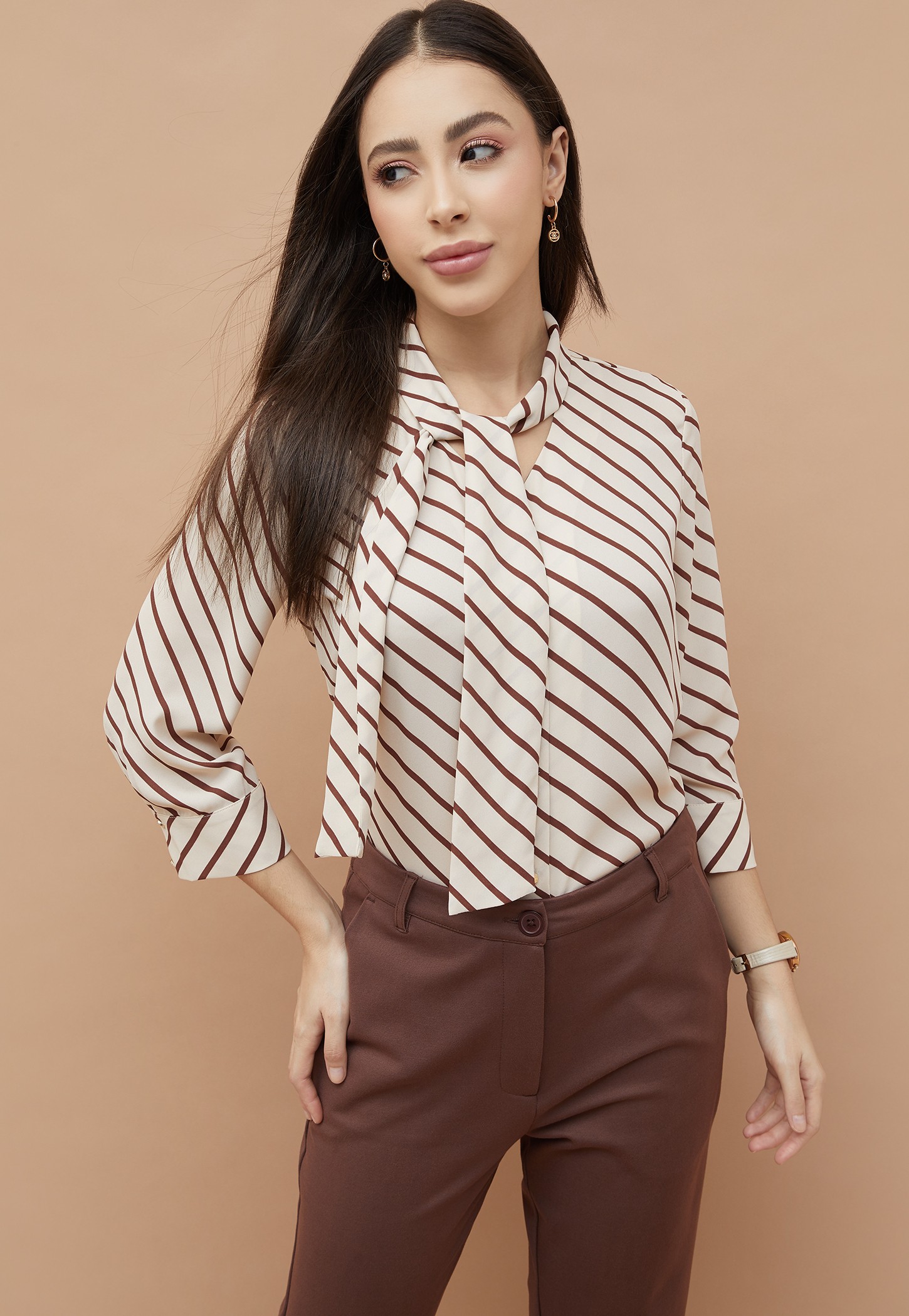 CODE CLASSIC Striped Tie-Up Neck Top-picture-48