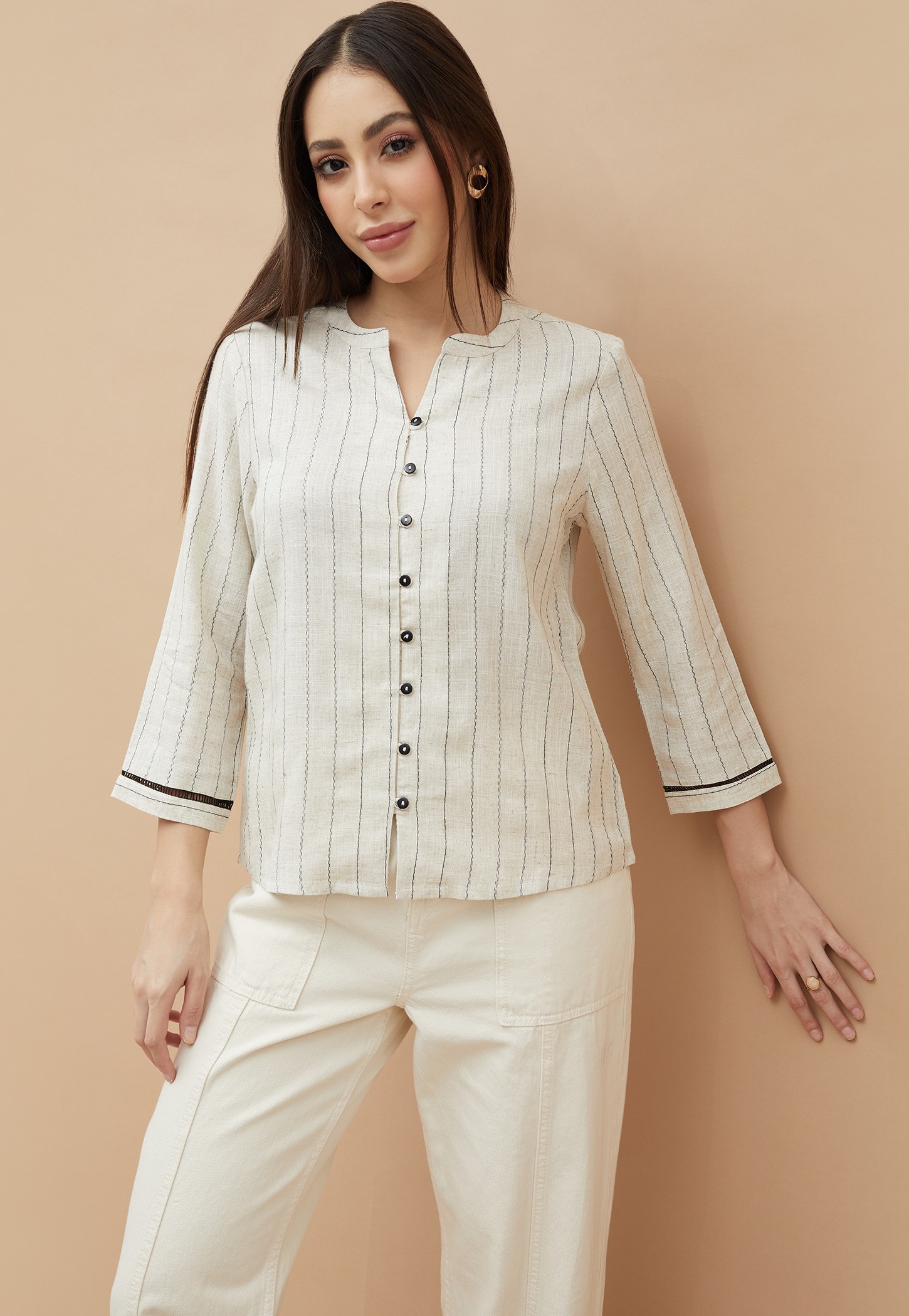 FAME FOREVER Embroidered Band Collar Top-image-24