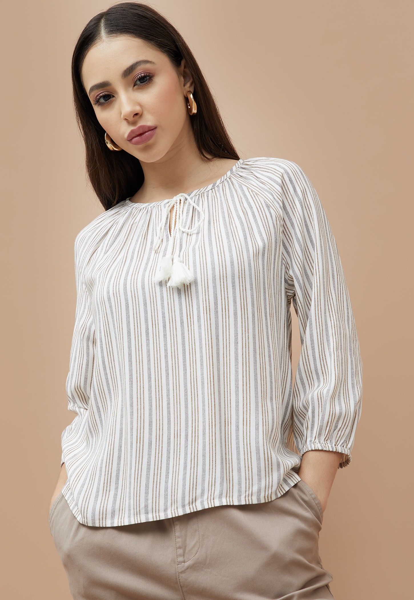 FAME FOREVER Striped Tie-Up Neck Top-picture-34