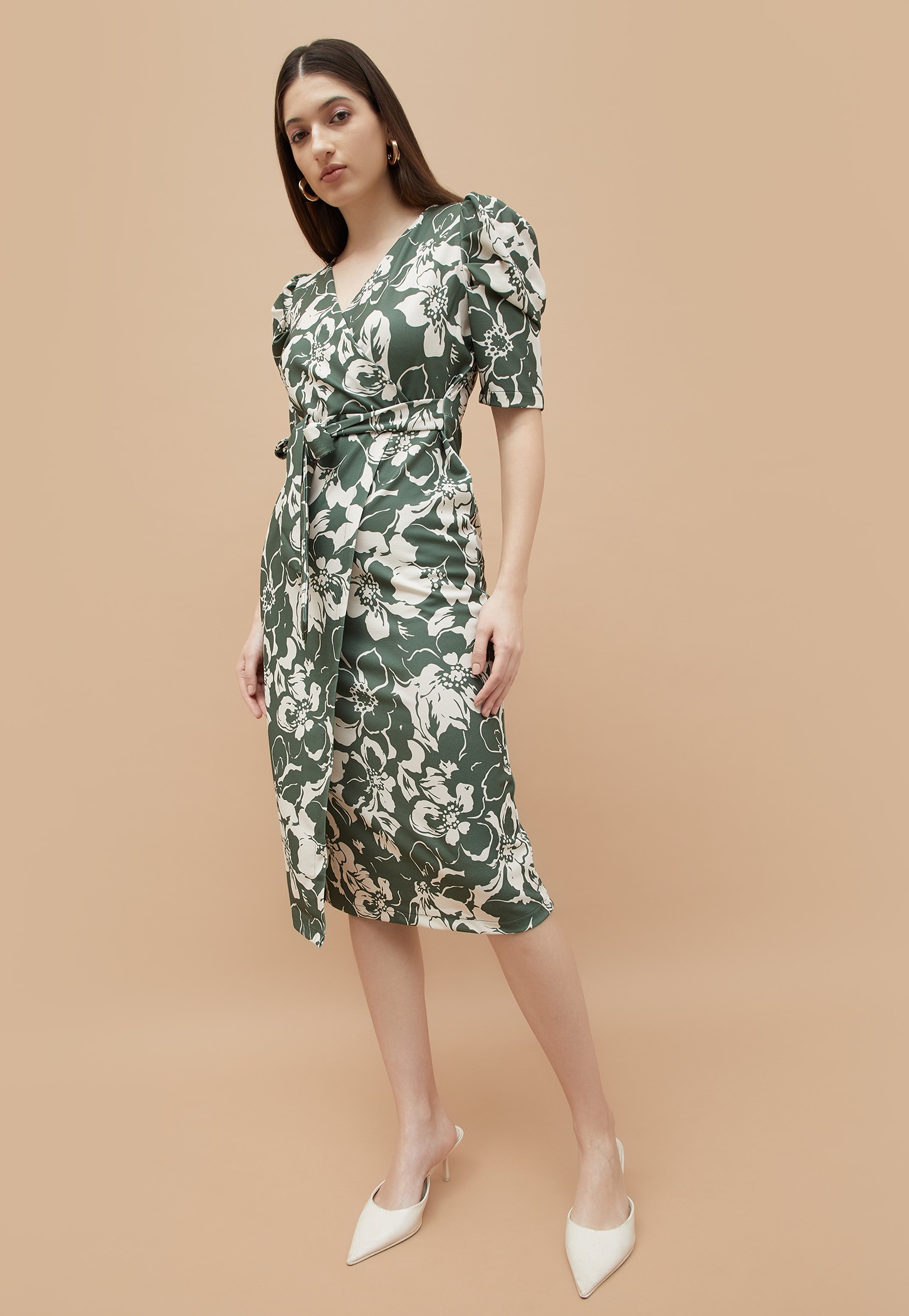 CODE Floral Print V-Neck Midi Dress-image-44