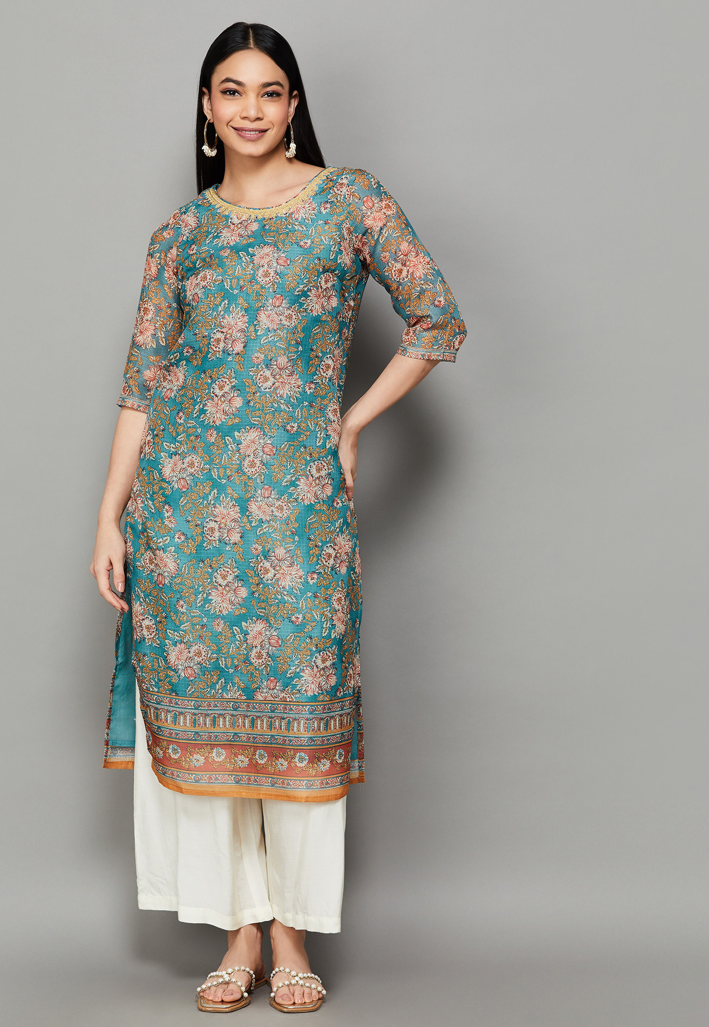 AURELIA Floral Print Straight Kurta-image-30