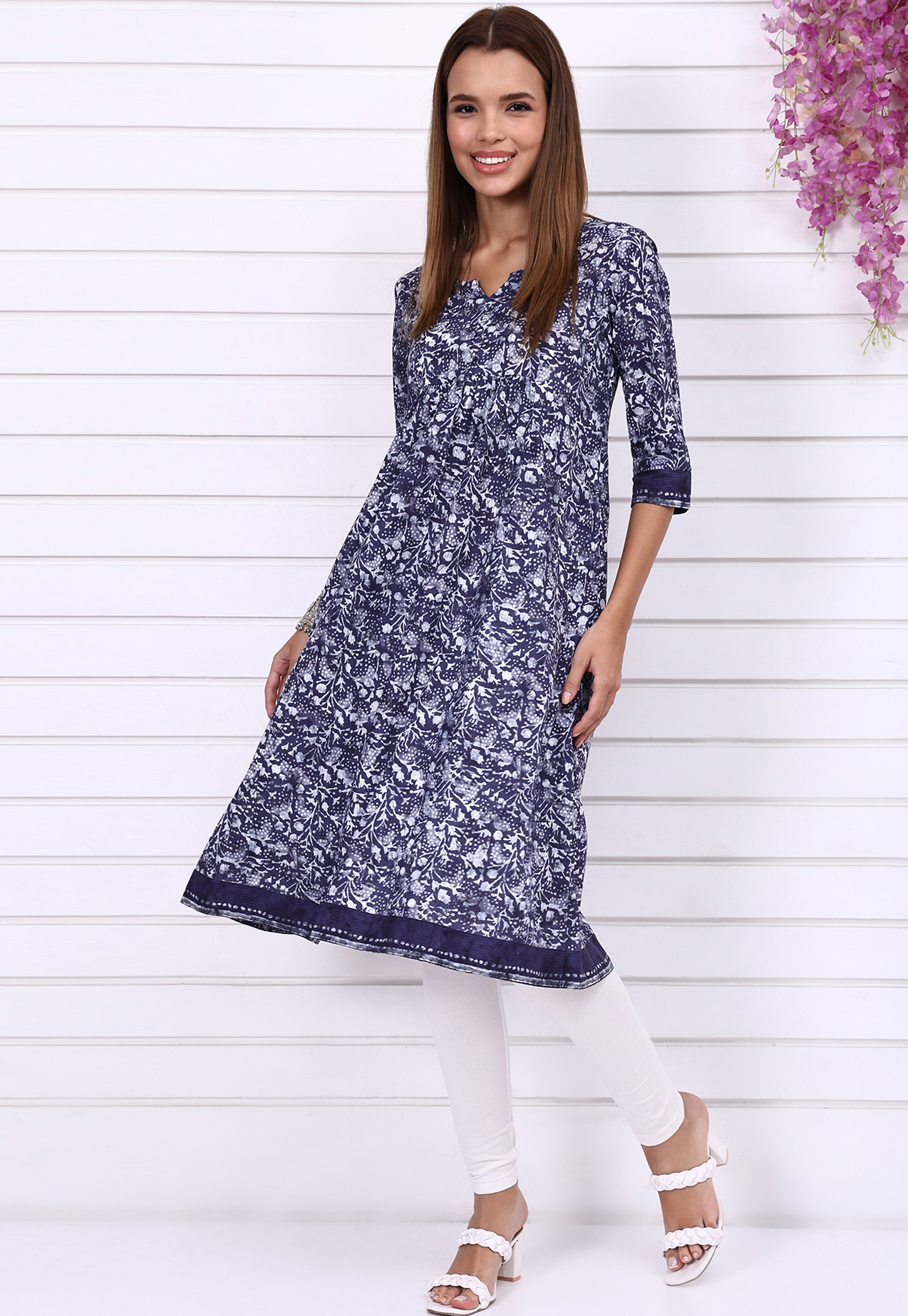 AURELIA Floral Print Unique Neck 3/4th Sleeves Flared Kurta-image-36