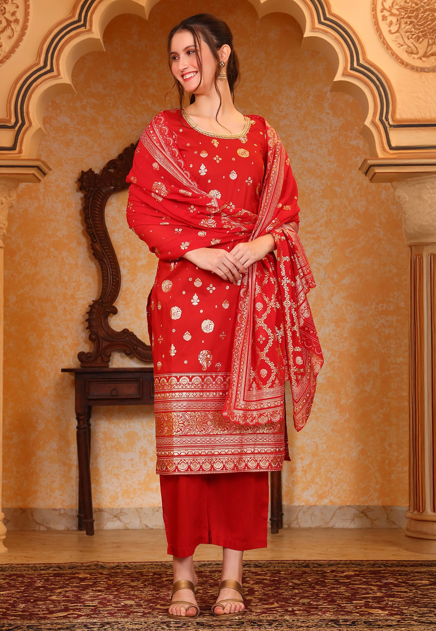 AURELIA Ethnic Motif Foil Print Straight Kurta Set-picture-36