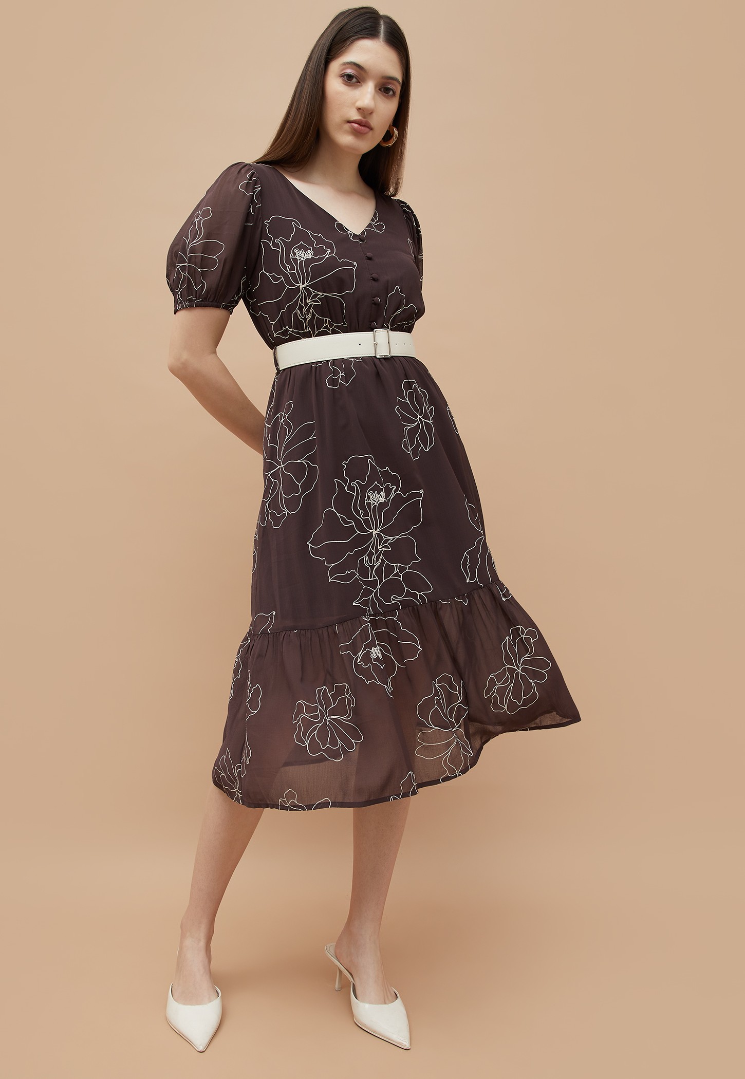 CODE Floral Print Fit & Flare Dress with Belt-picture-47