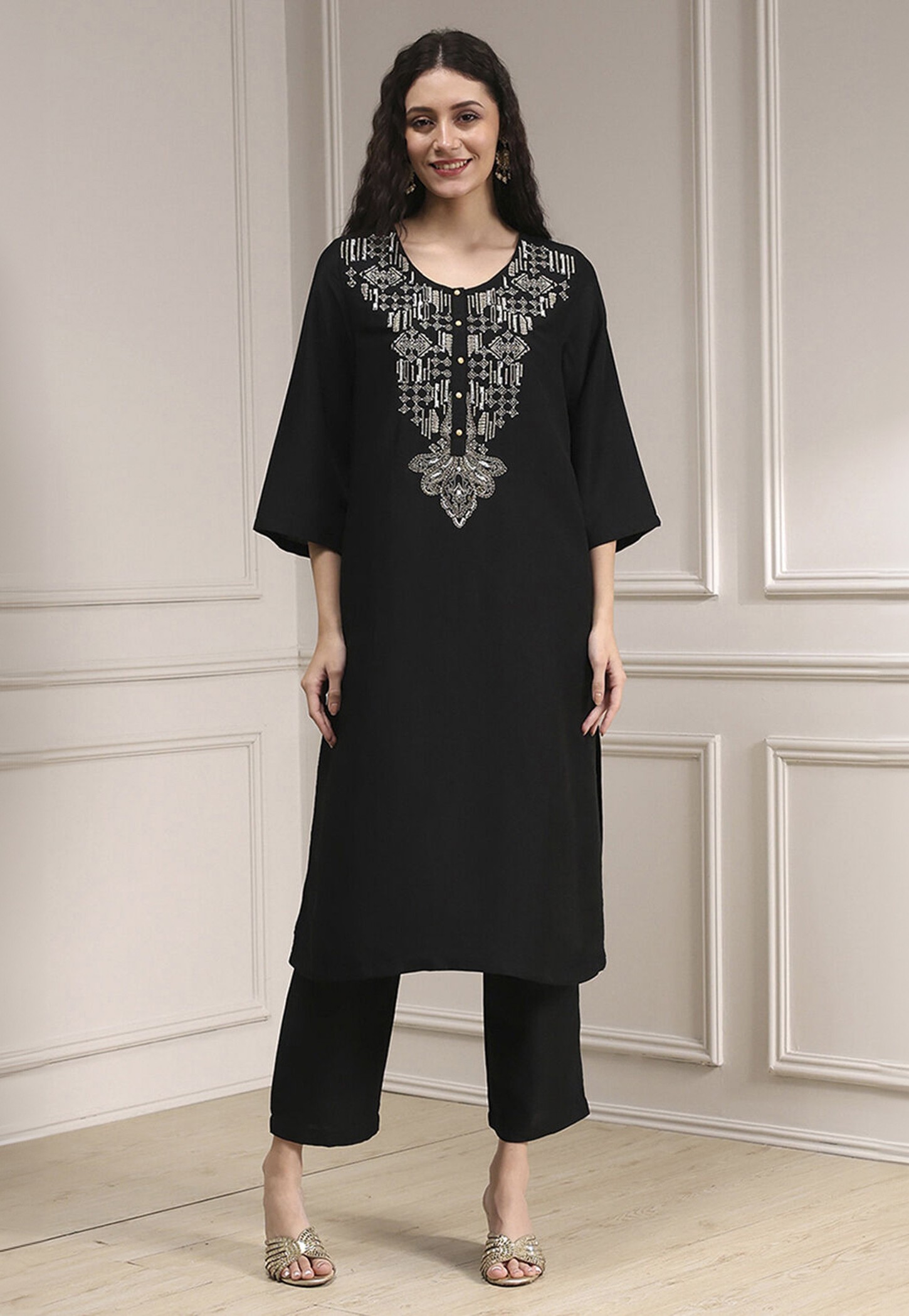 BIBA Embroidered Yoke Straight Kurta Set-picture-33