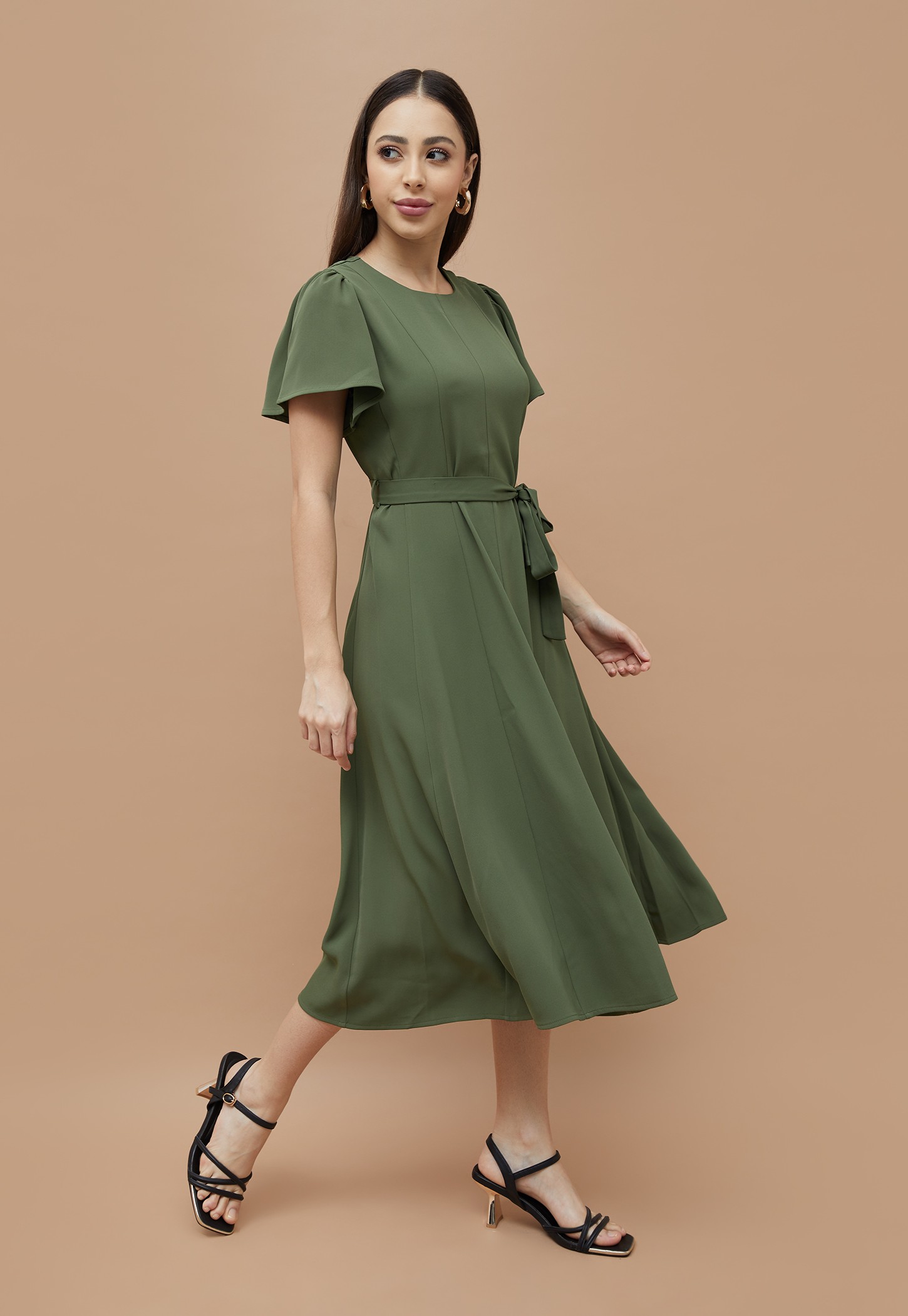 CODE Solid Flutter Sleeves Belted Midi Dress-picture-36