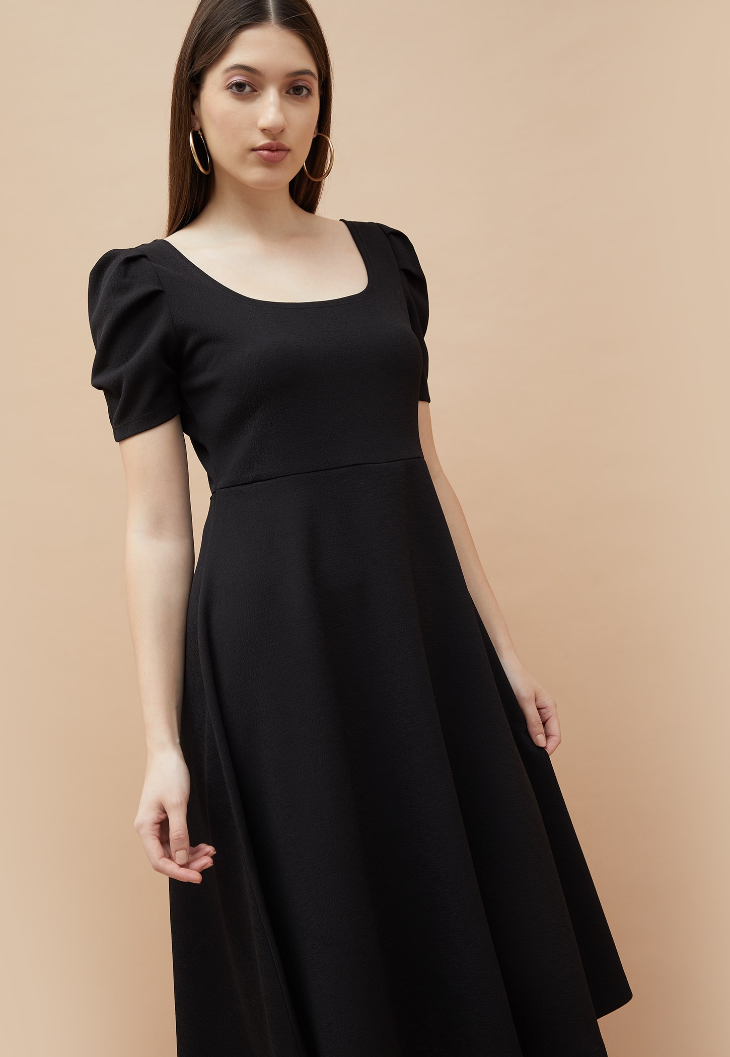 CODE Solid Puffed Sleeves A-line Dress-picture-47