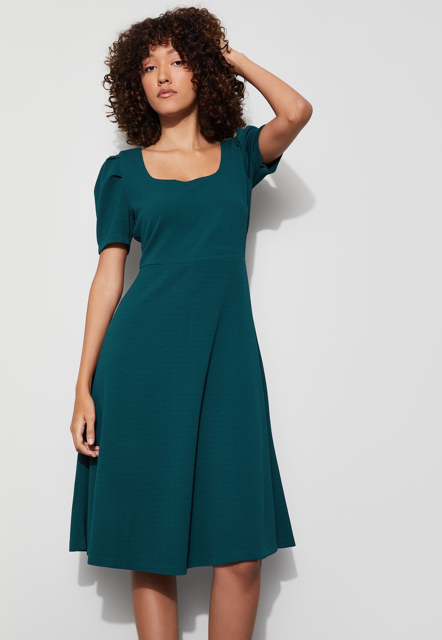 CODE Solid Puffed Sleeves A-line Dress-picture-48