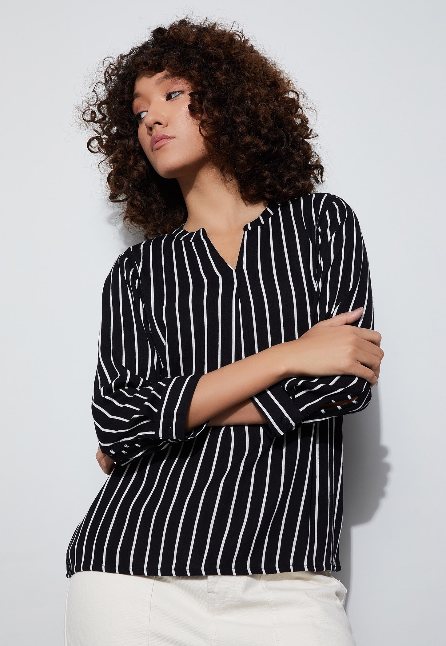FAME FOREVER Striped Band Collar Top-picture-38