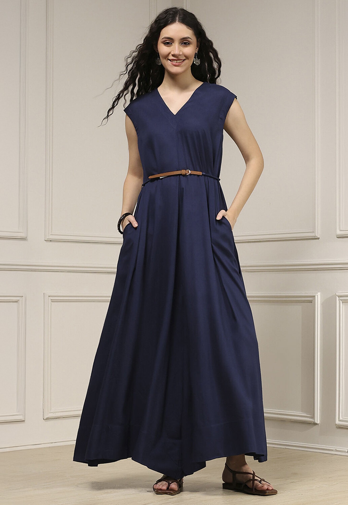 BIBA Solid Belted A-Line Maxi Dress-image-41