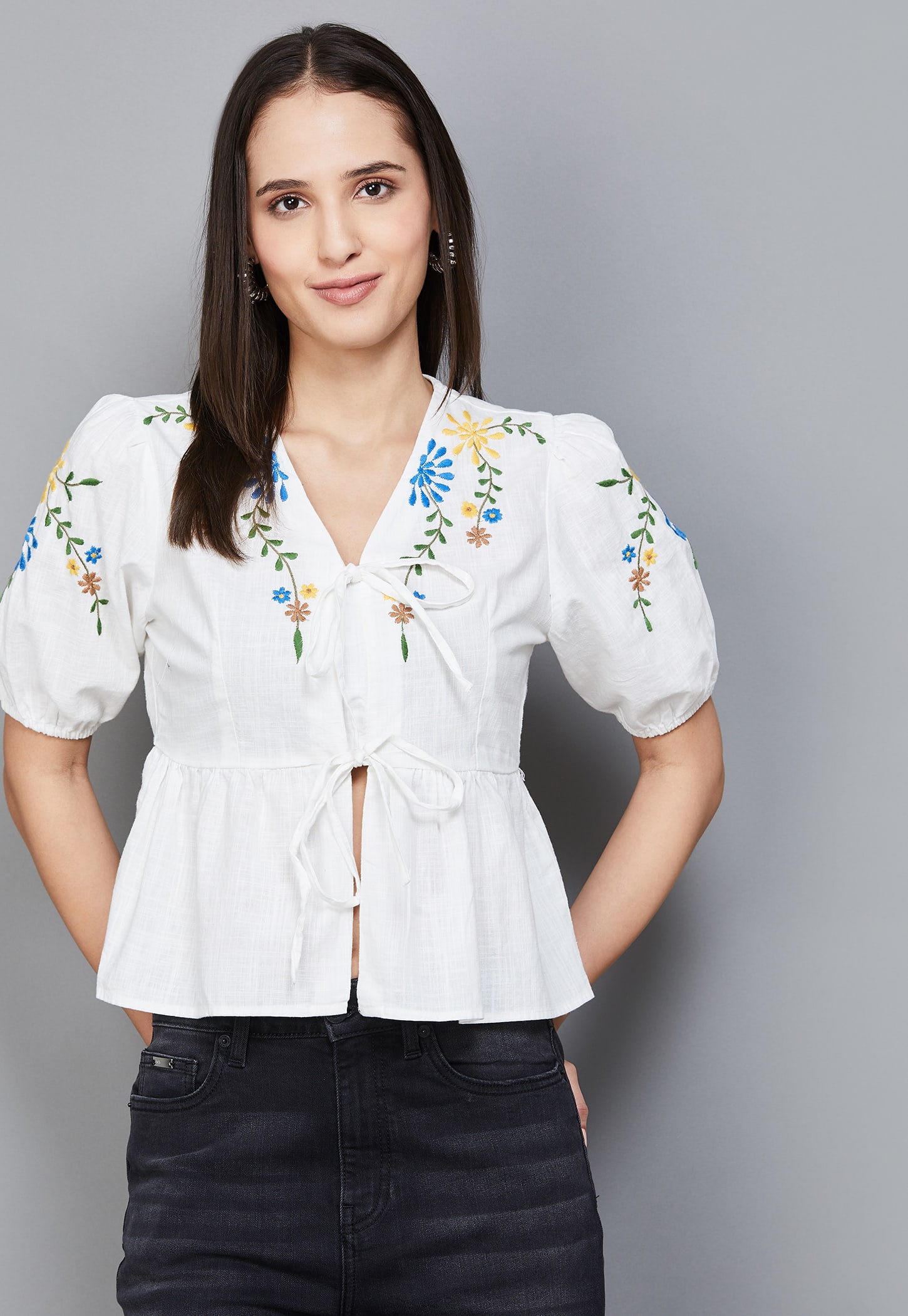 ONLY Embroidered Tie-Up Peplum Top-picture-46