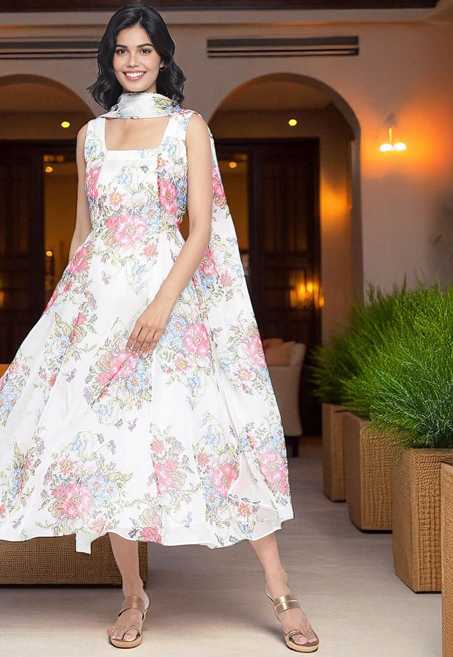 W Floral Print Flared Dress with Dupatta-picture-38