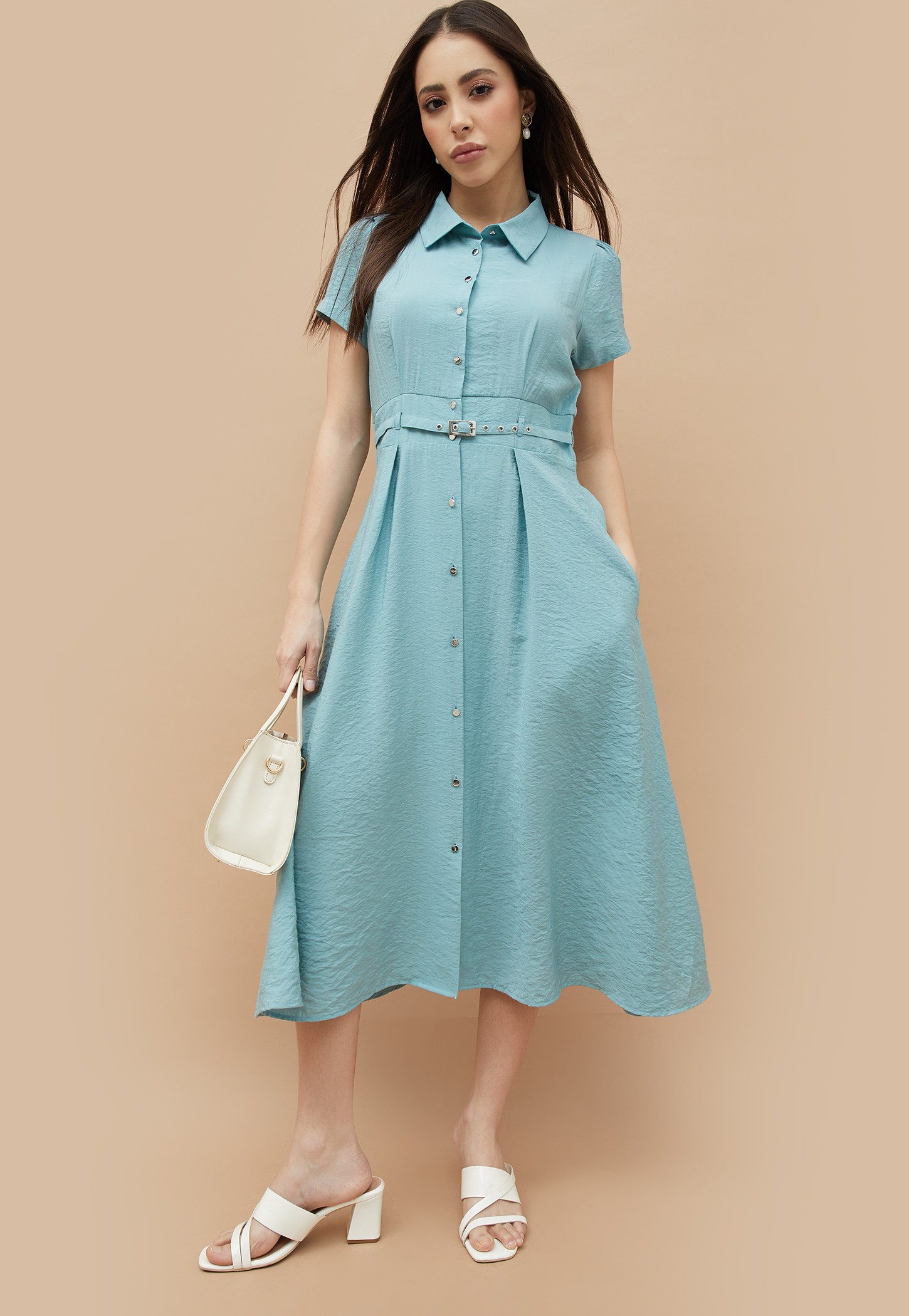 CODE Textured Shirt Dress with Belt-image-33