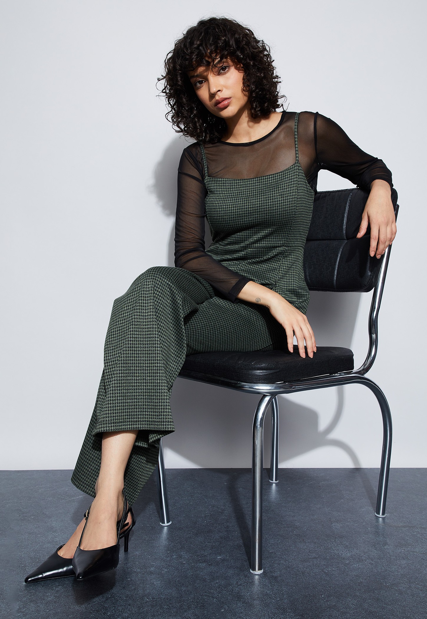 GINGER Houndstooth Pattern Jumpsuit with Mesh Top-image-5