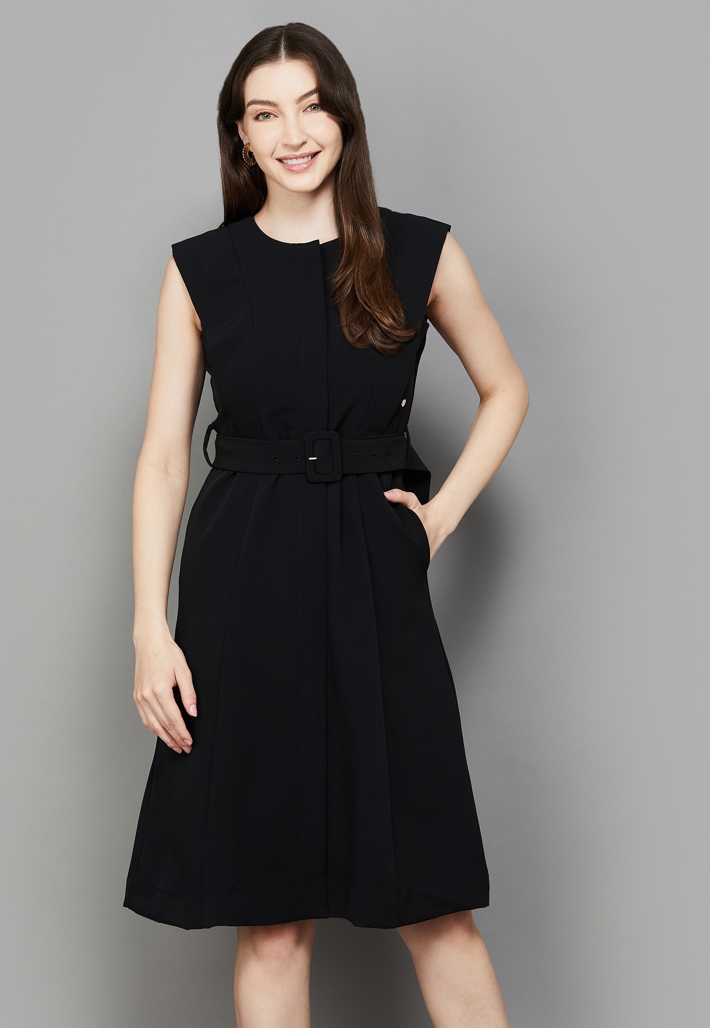 VAN HEUSEN Solid Belted Midi Dress with Belt-picture-14