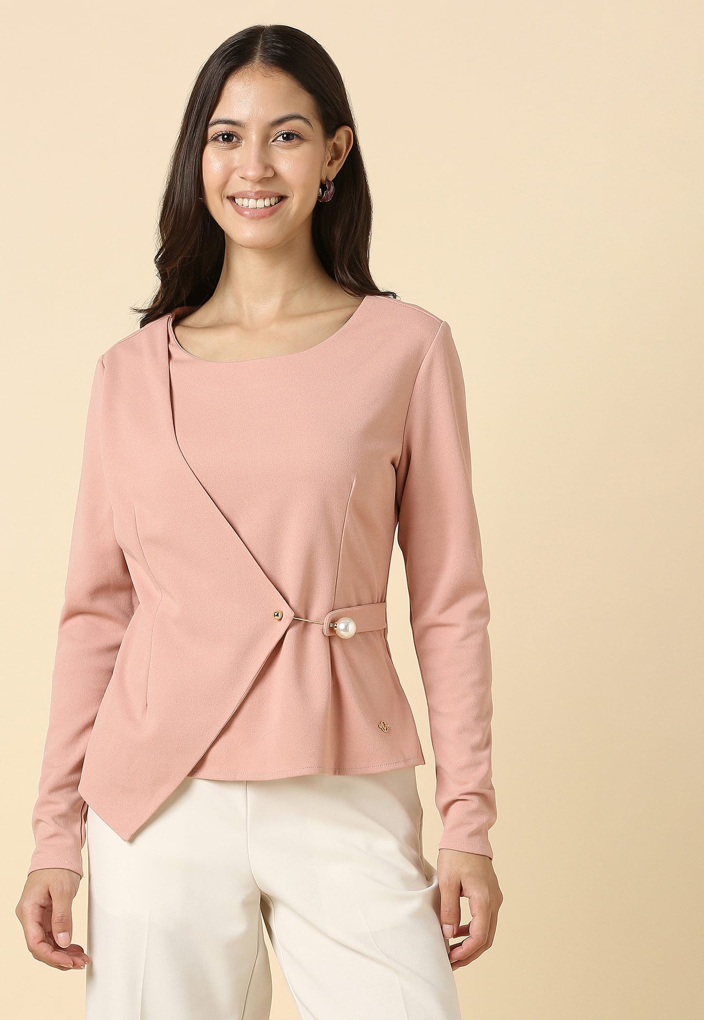 ALLEN SOLLY Pearl Embellished Asymmetric Overlap Top-picture-17