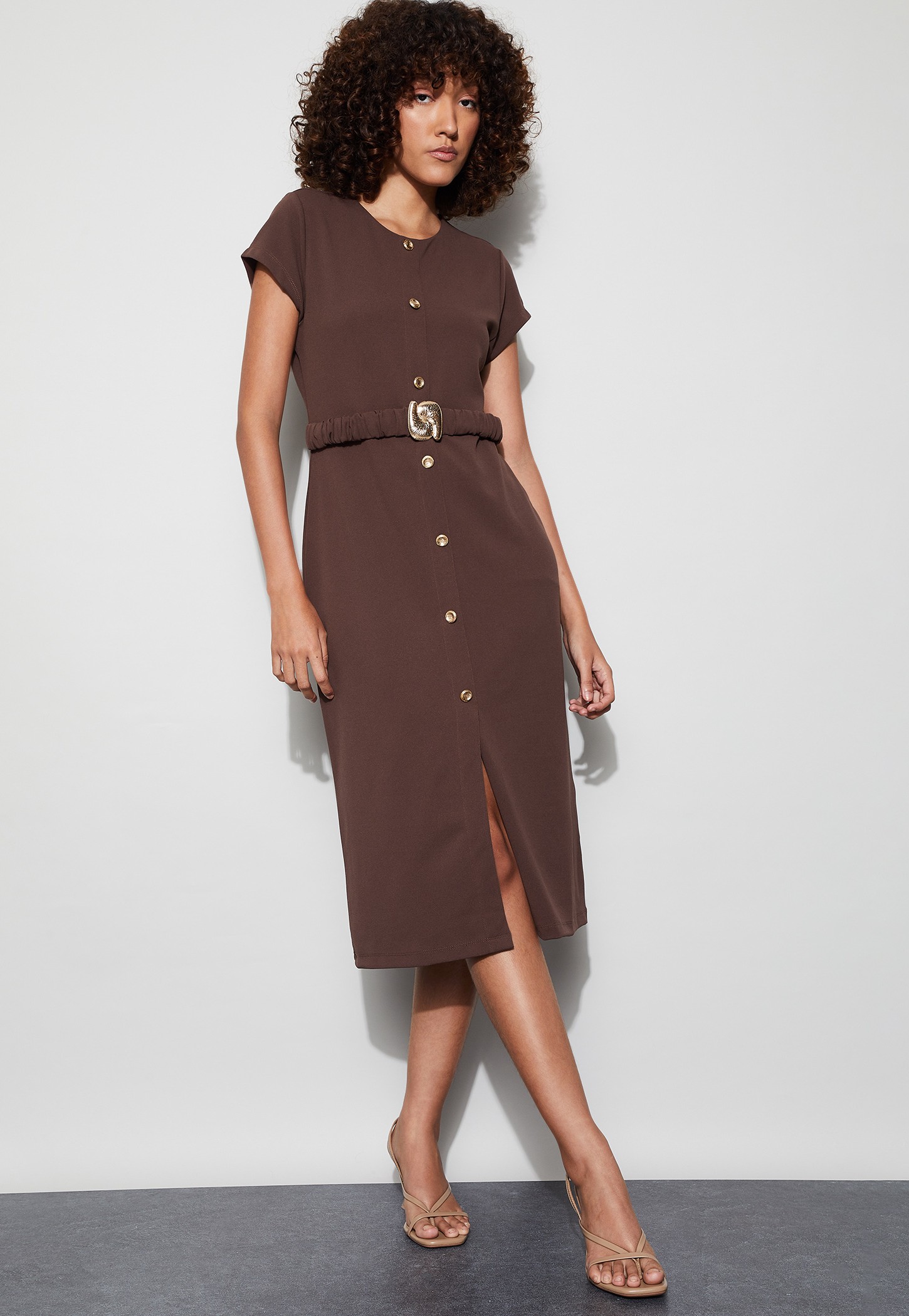 CODE Solid Belted Midi Dress-picture-50