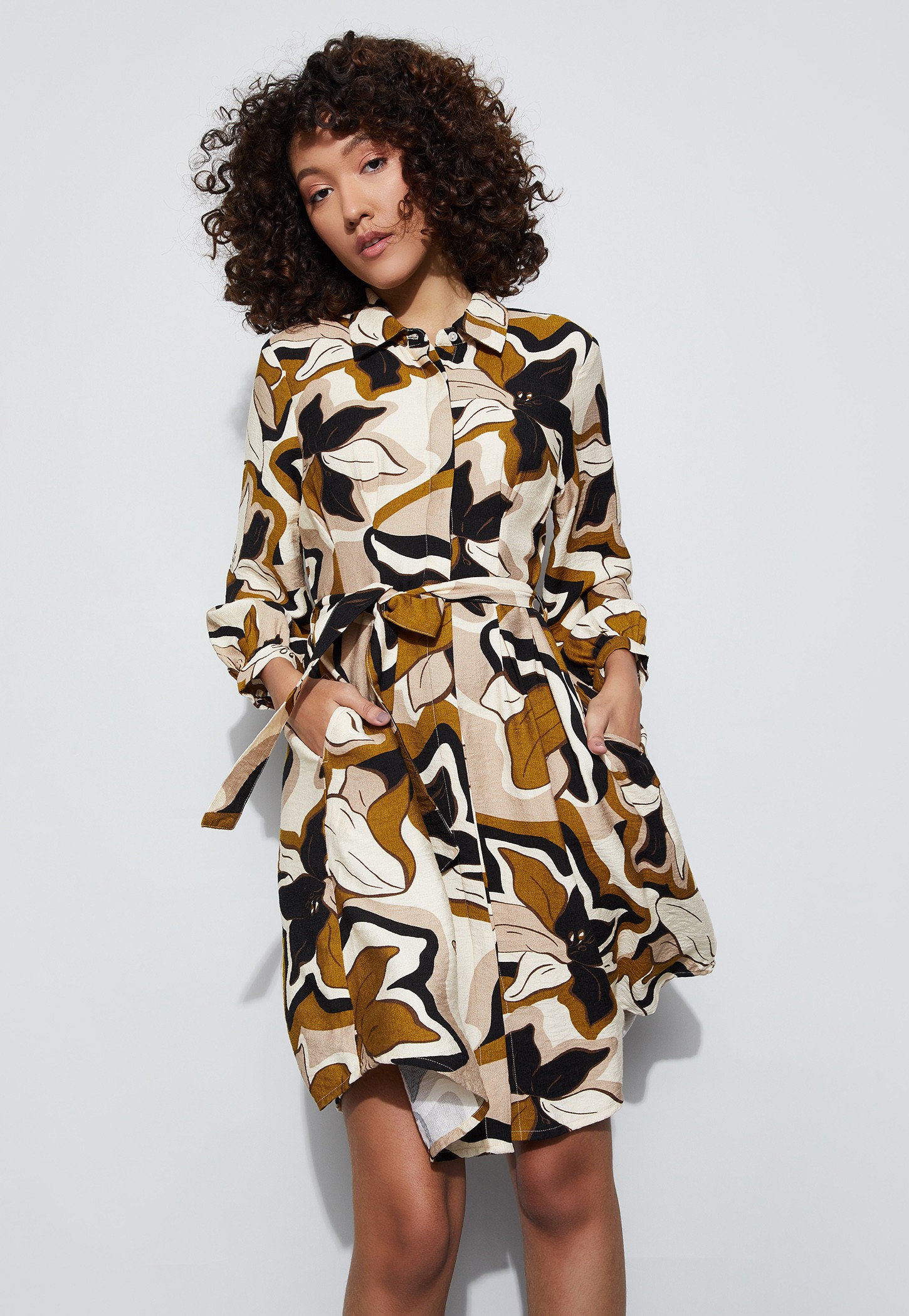 CODE Floral Print Shirt Dress with Belt-picture-15