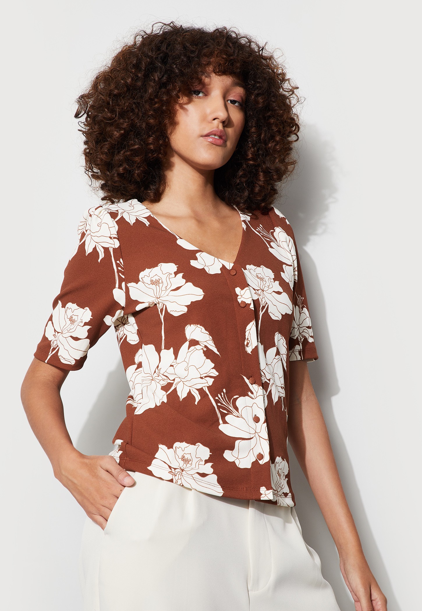 CODE Floral Print V-neck Top-image-30
