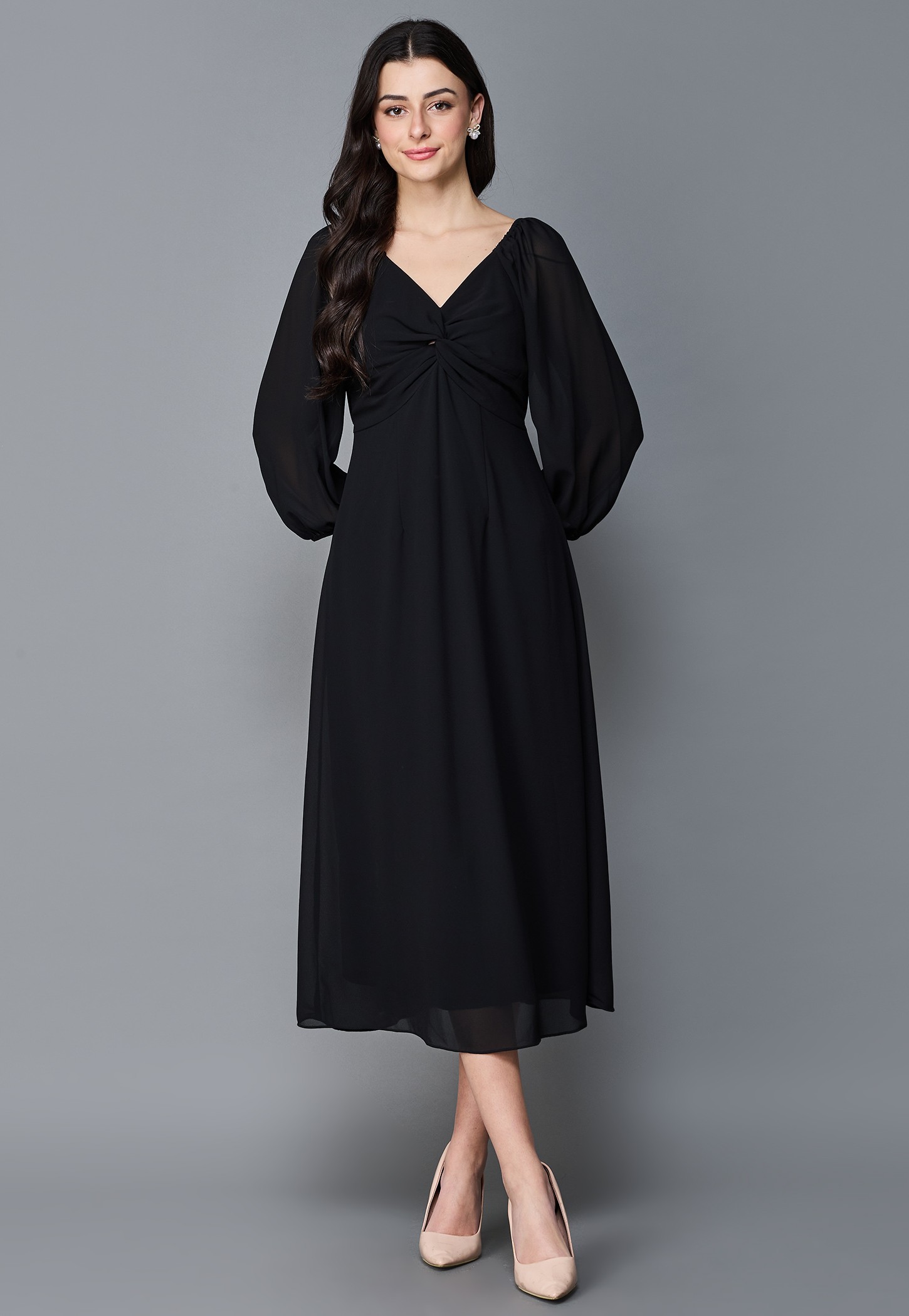 AND Solid Bishop Sleeves A-line Dress-picture-37