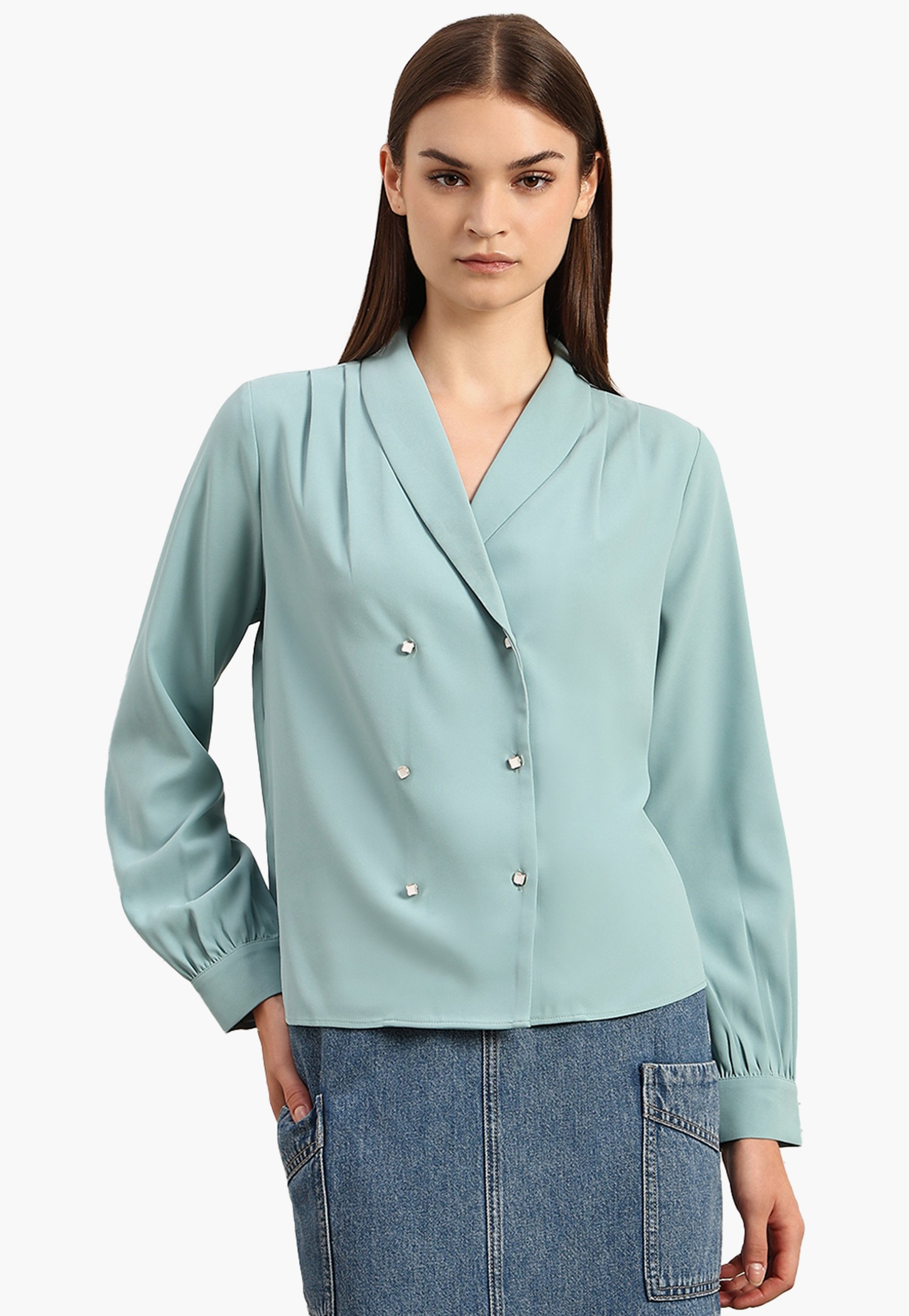 VERO MODA Solid Shawl Collar Double Breasted Top-picture-50