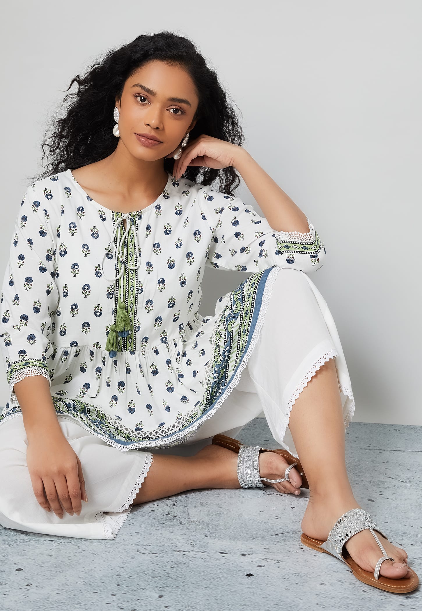 MELANGE Ethnic Motif Flared Hem Top-image-16